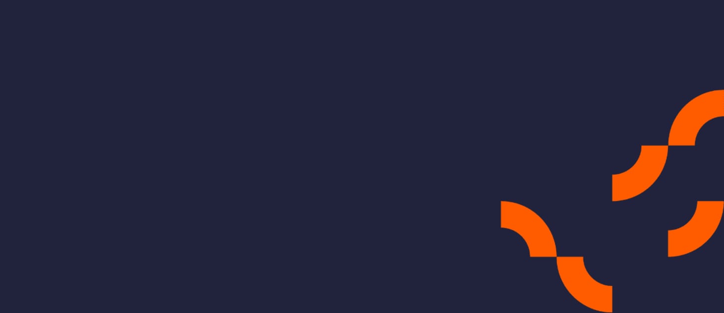 Dark navy background with orange curved arc shapes forming a partial logo design in the bottom right corner