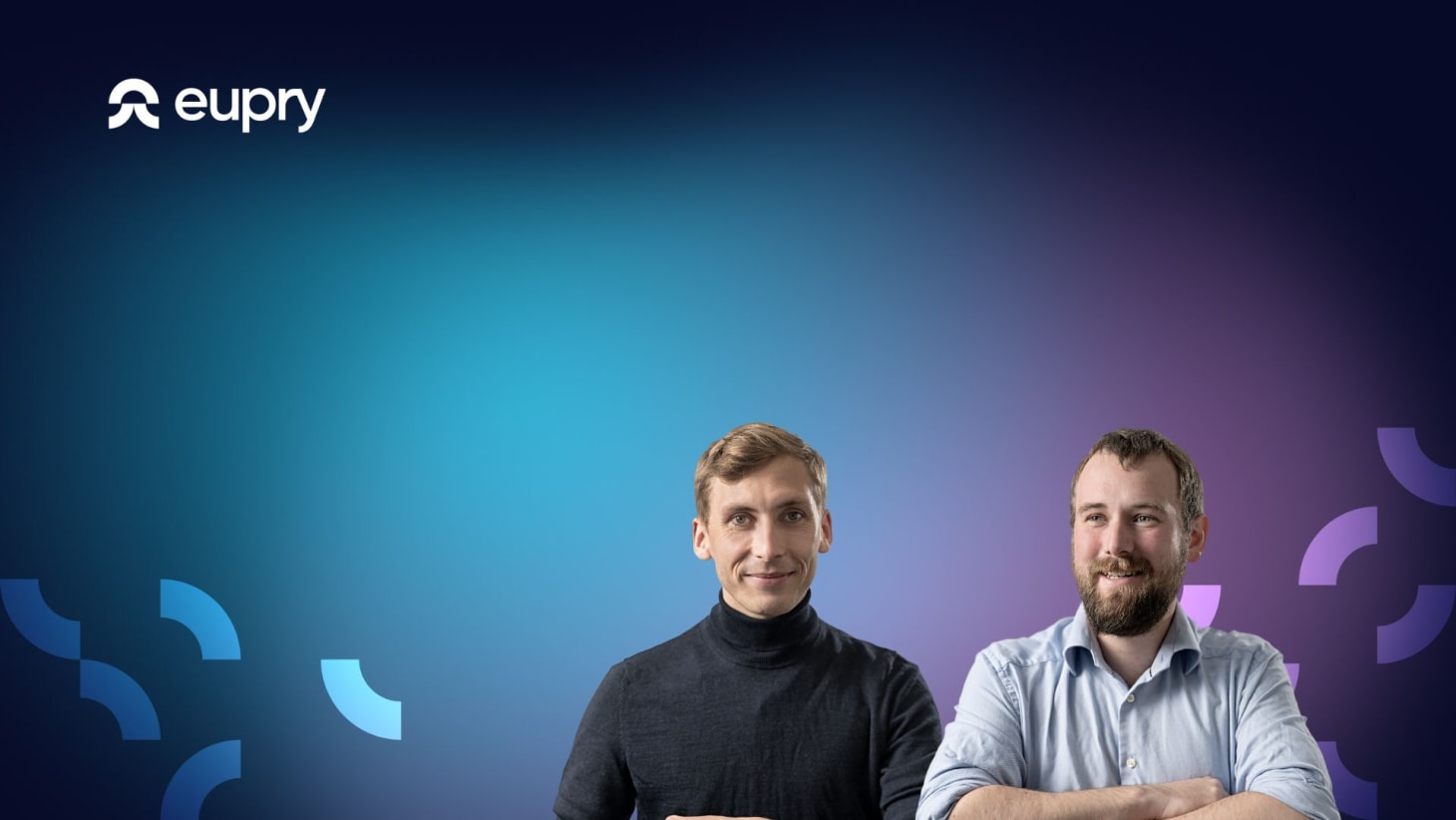Two men smiling against a dark blue and purple gradient background with Eupry logo in the top left corner.
