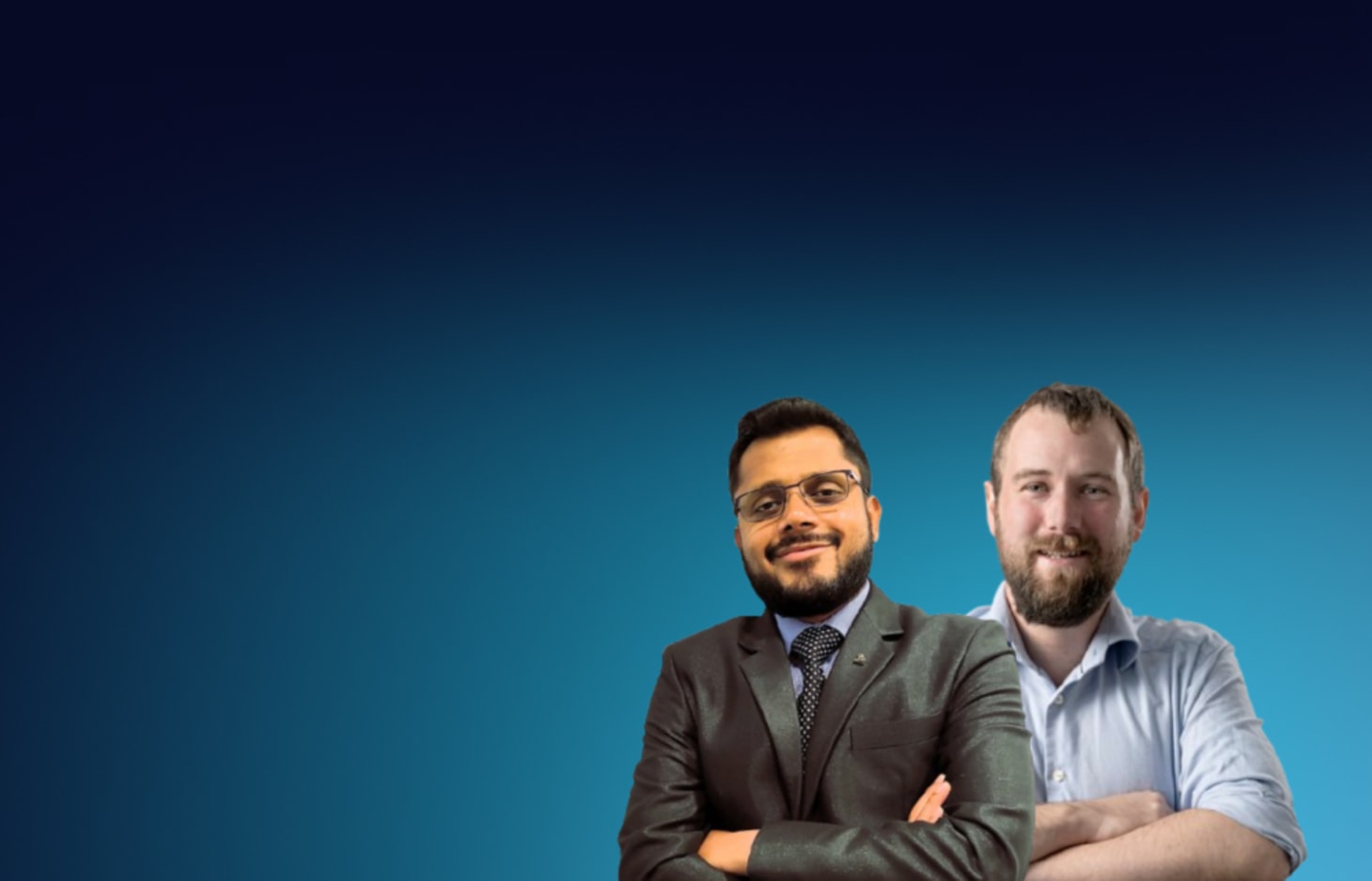 Two professional men with arms crossed smiling against a dark blue to teal gradient background