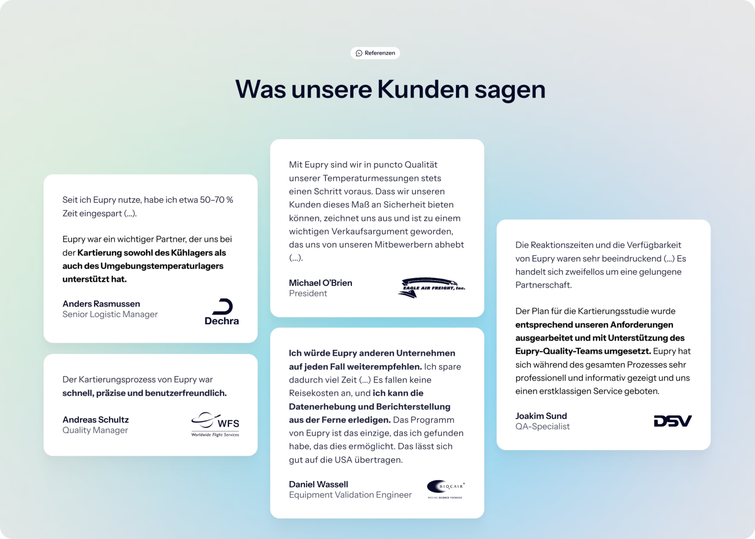 Customer testimonials section titled Was unsere Kunden sagen featuring reviews from Dechra, WFS, Eagle Air Freight, Biocair, and DSV