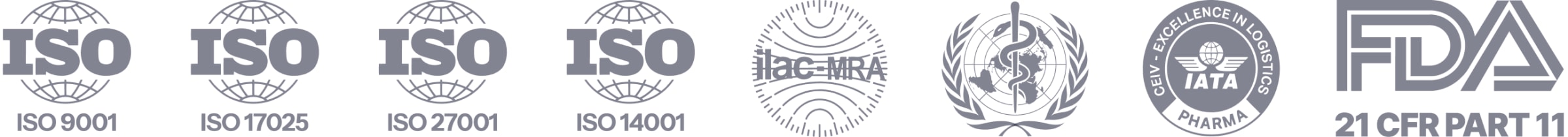 Row of certification logos: ISO 9001, 17025, 27001, 14001, ILAC-MRA, WHO, IATA Pharma, and FDA 21 CFR Part 11
