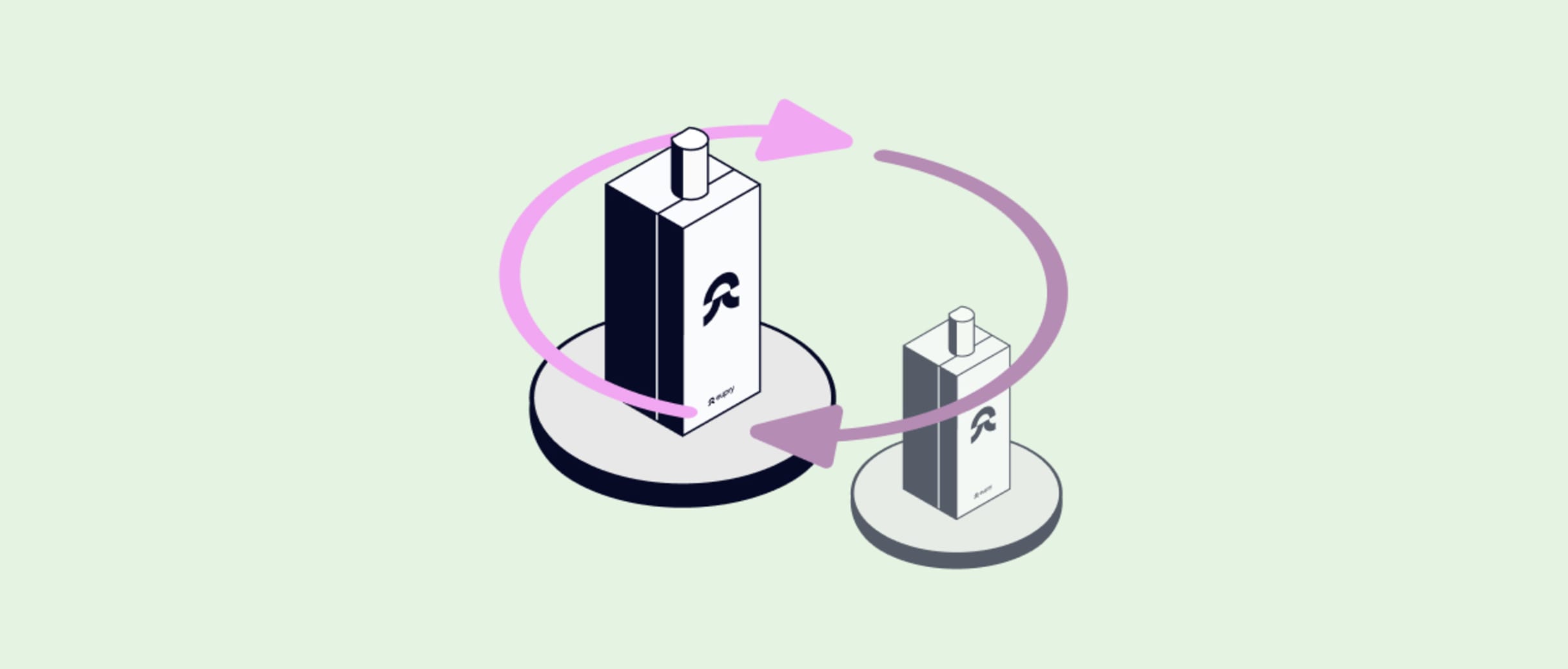 Two Eupry data loggers shown in a circular exchange cycle, illustrating a calibration swap process.