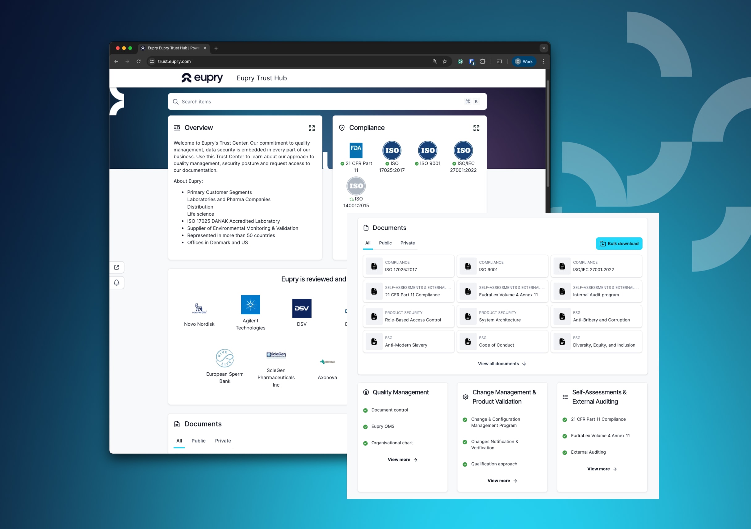 Screenshot of Eupry Trust Hub webpage showing compliance certifications, document library, and quality management features