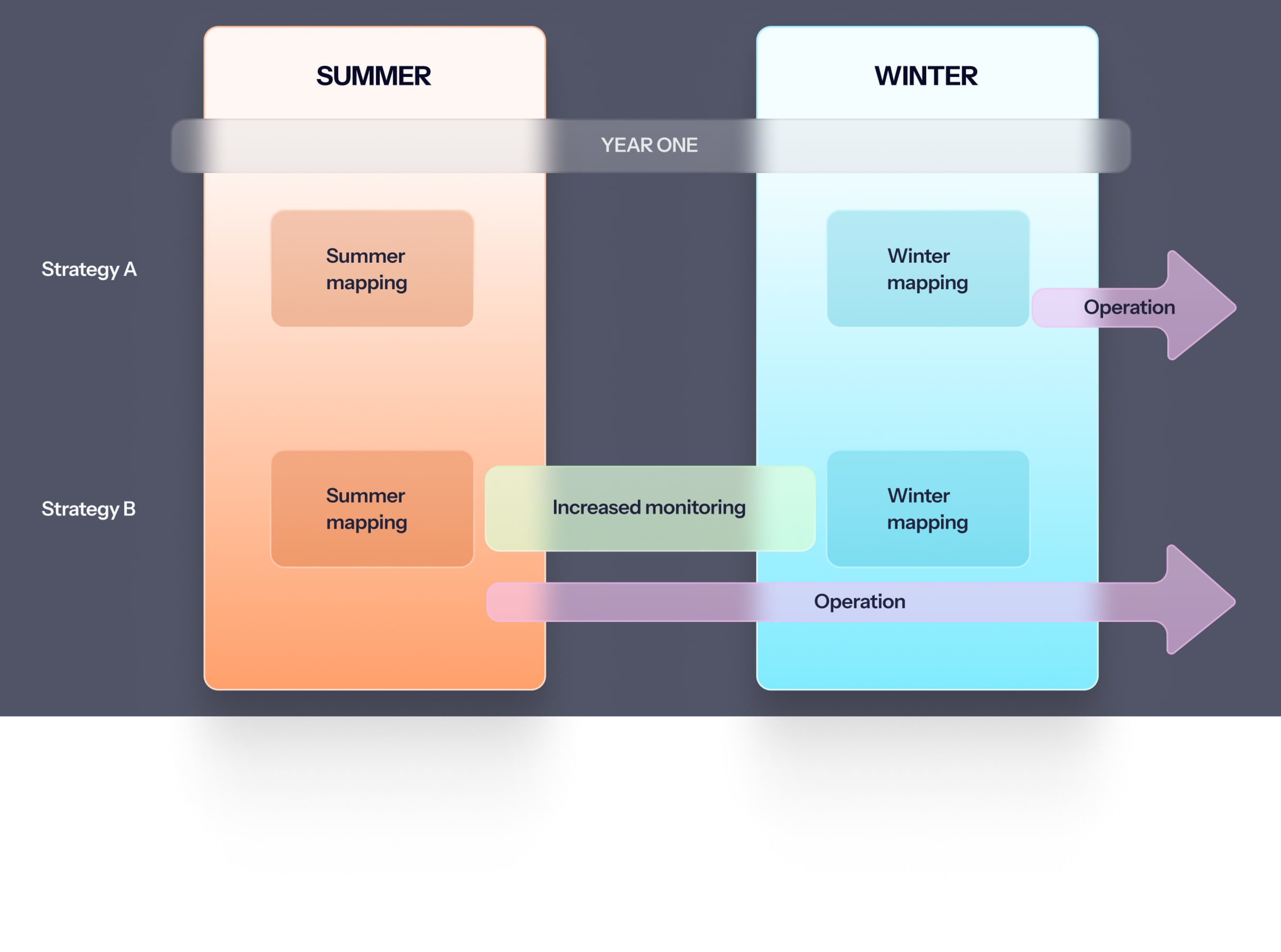 Timeline diagram comparing Strategy A and B across Summer and Winter in Year One, showing mapping phases and operation arrows.