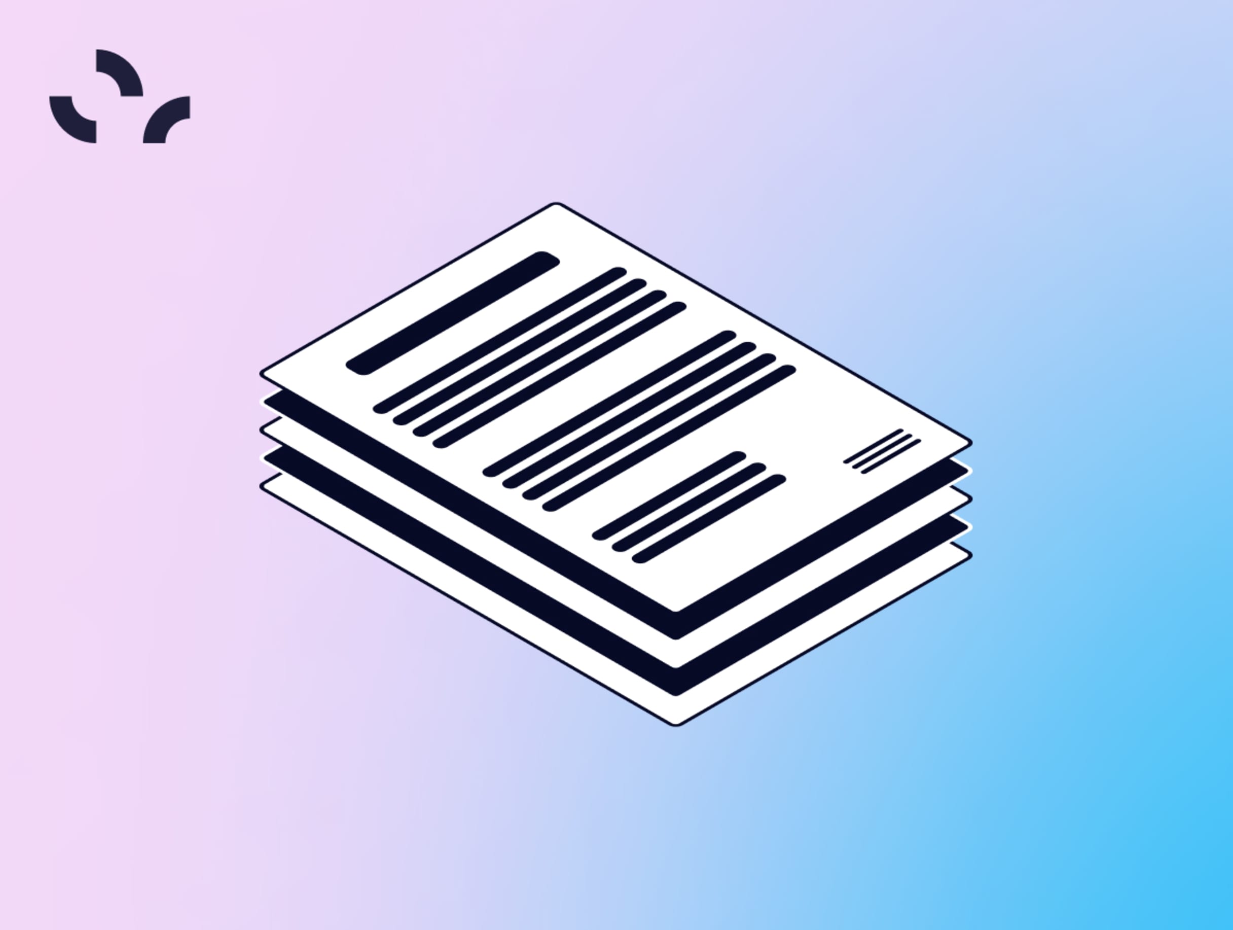 Isometric illustration of a stack of documents with text lines on a pink-to-blue gradient background