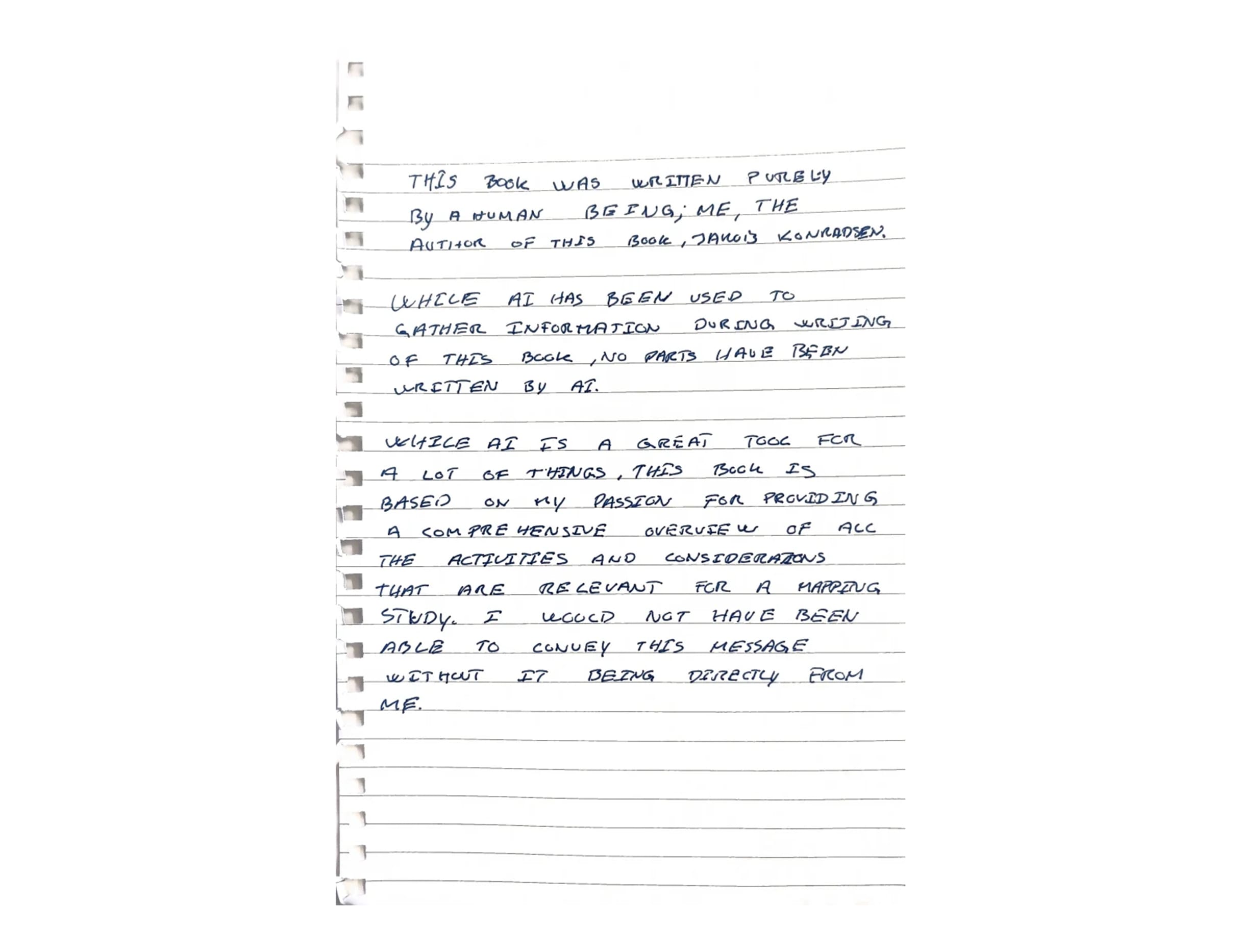 Handwritten notebook page disclaiming the book was written by human author Jakois Konradsen, not AI.