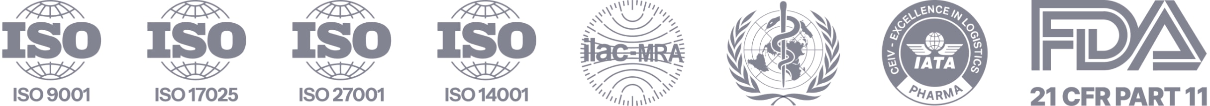 Row of certification logos: ISO 9001, 17025, 27001, 14001, ILAC-MRA, WHO, IATA Pharma, and FDA 21 CFR Part 11