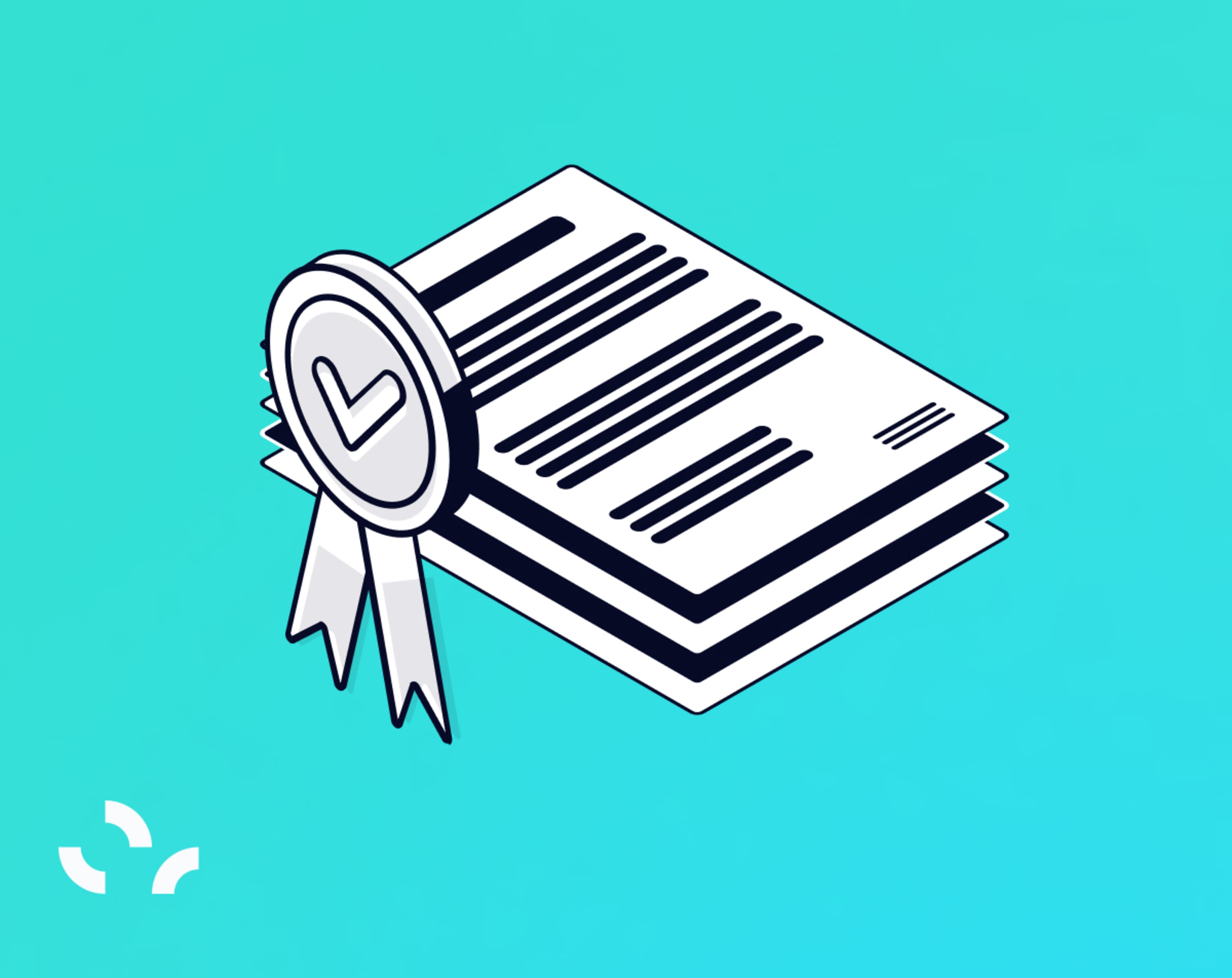 Isometric illustration of stacked certified documents with an award ribbon and checkmark seal on teal background