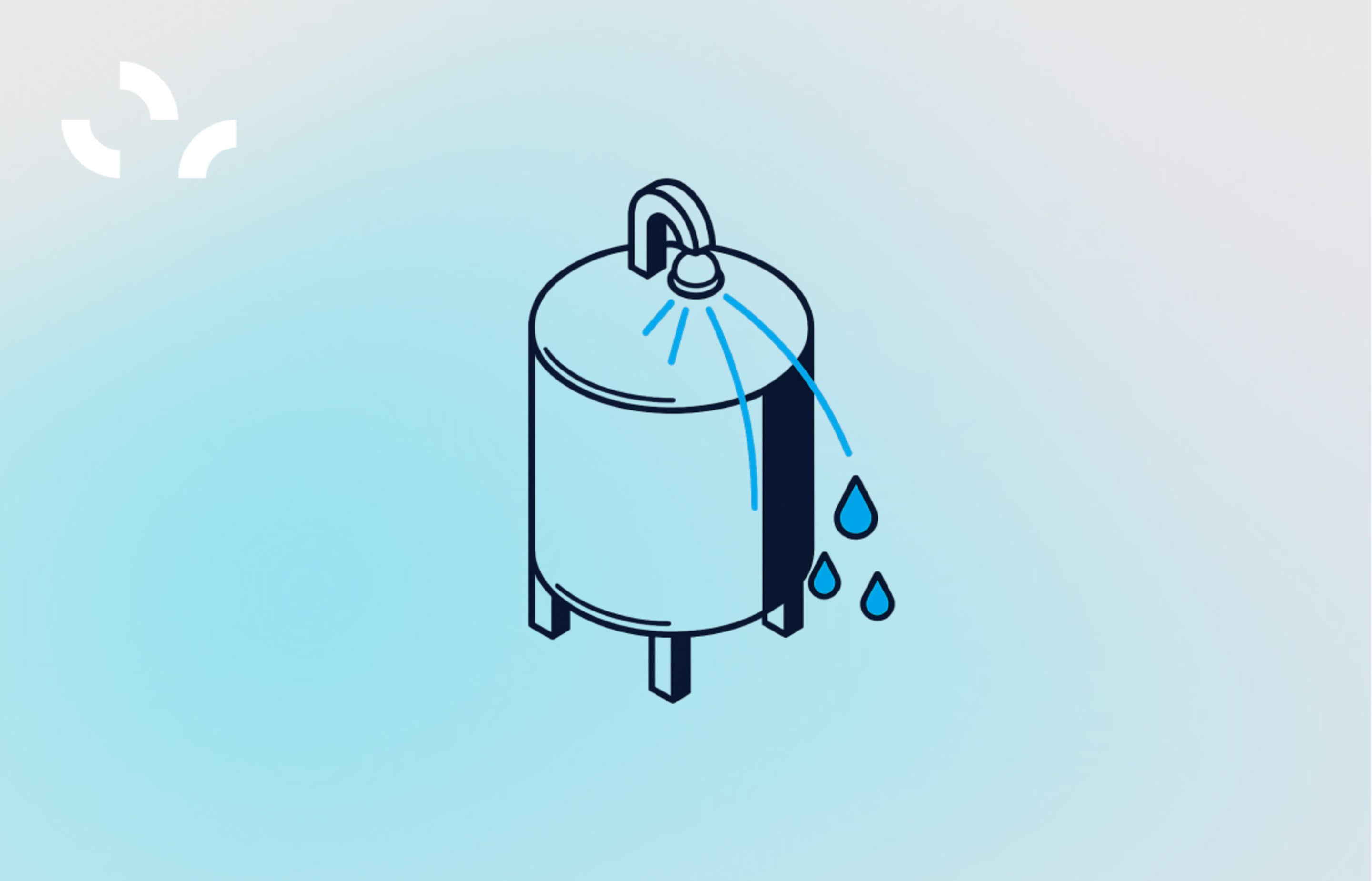 Isometric illustration of a CIP tank with water spraying from a top-mounted spray ball and dripping down the side.