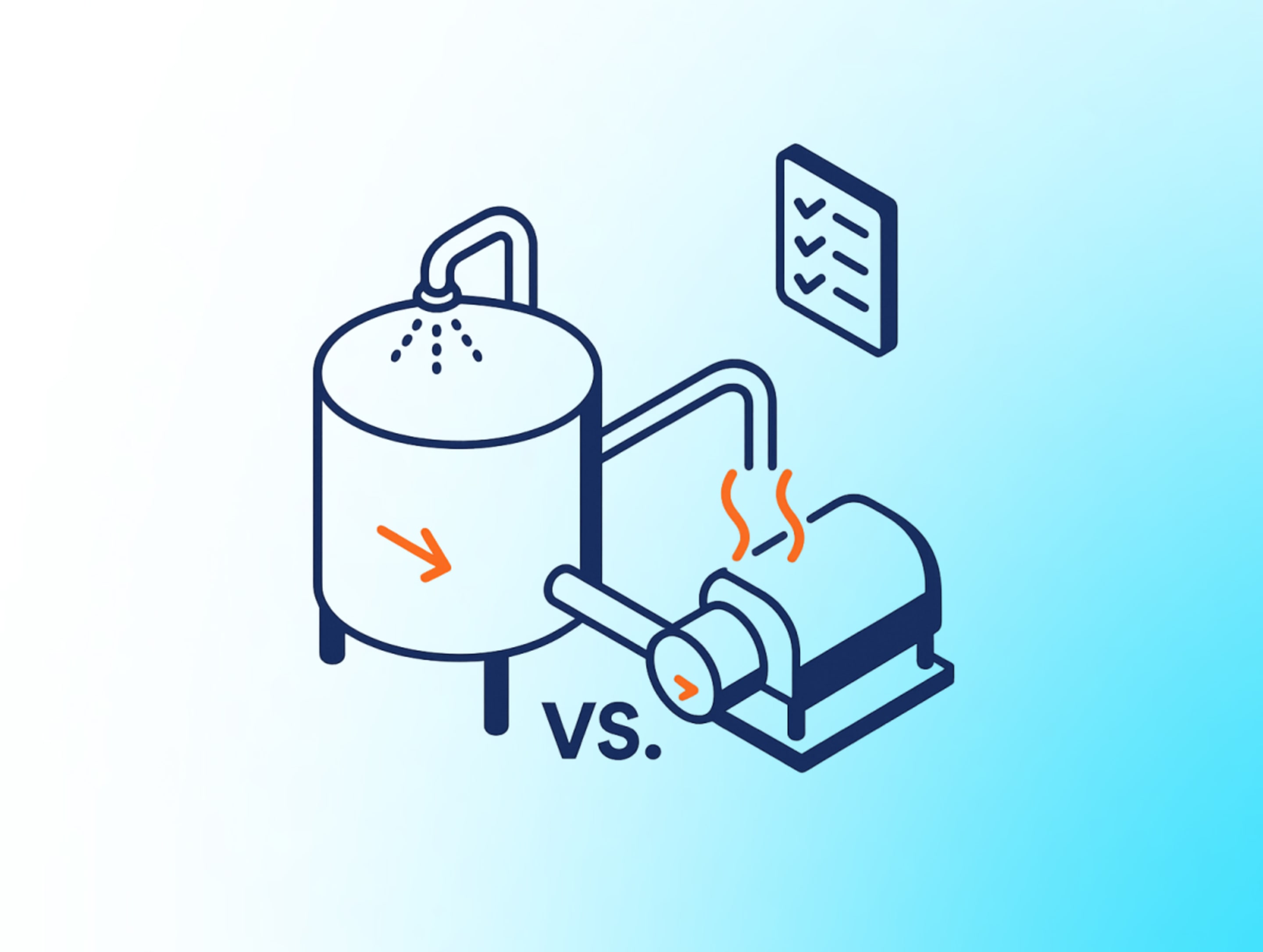 Isometric illustration comparing a CIP tank with spray ball versus a heat sterilization unit, with a checklist icon