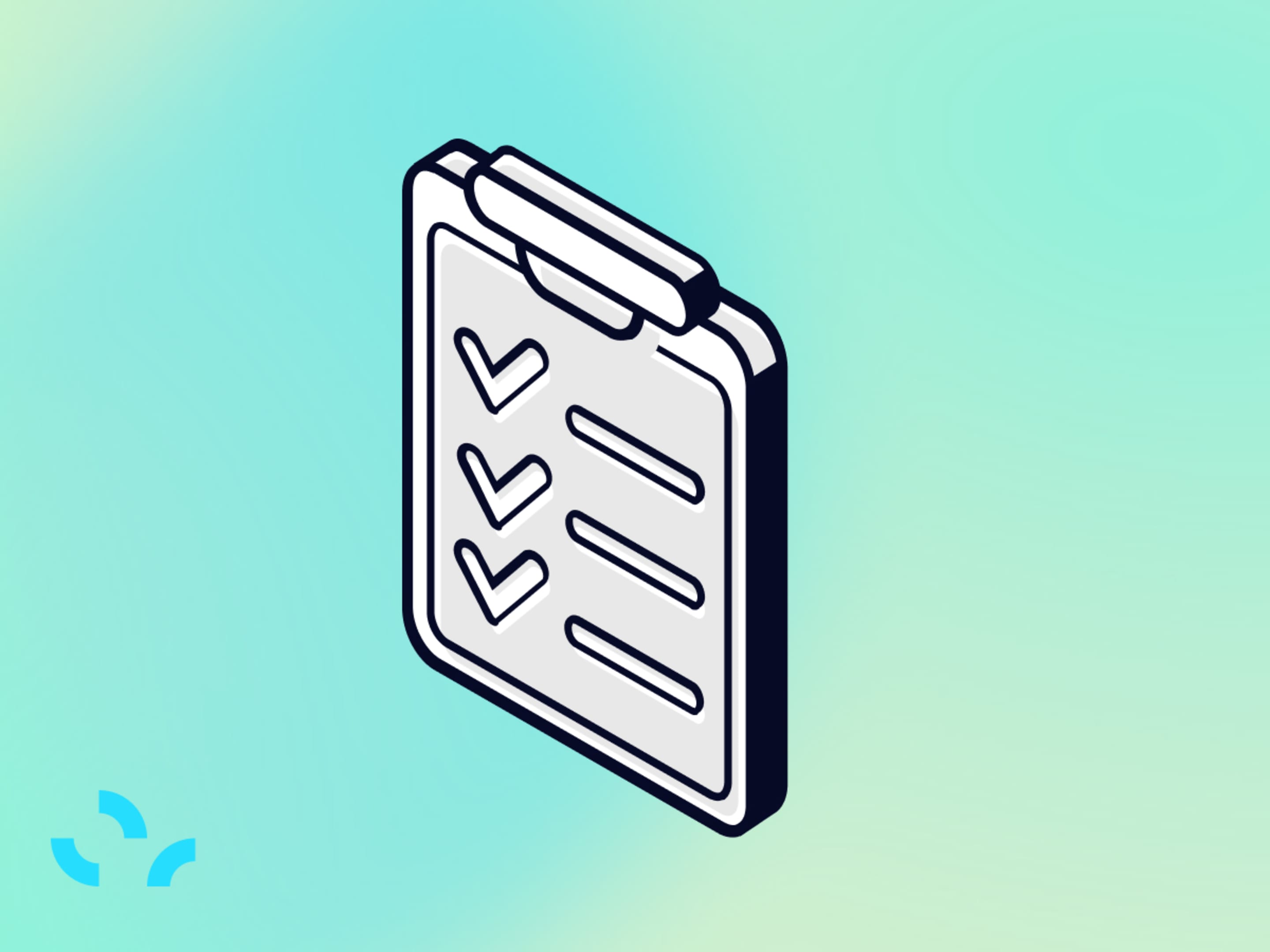 Isometric illustration of a clipboard with a checklist showing three checked items and text lines on a teal background