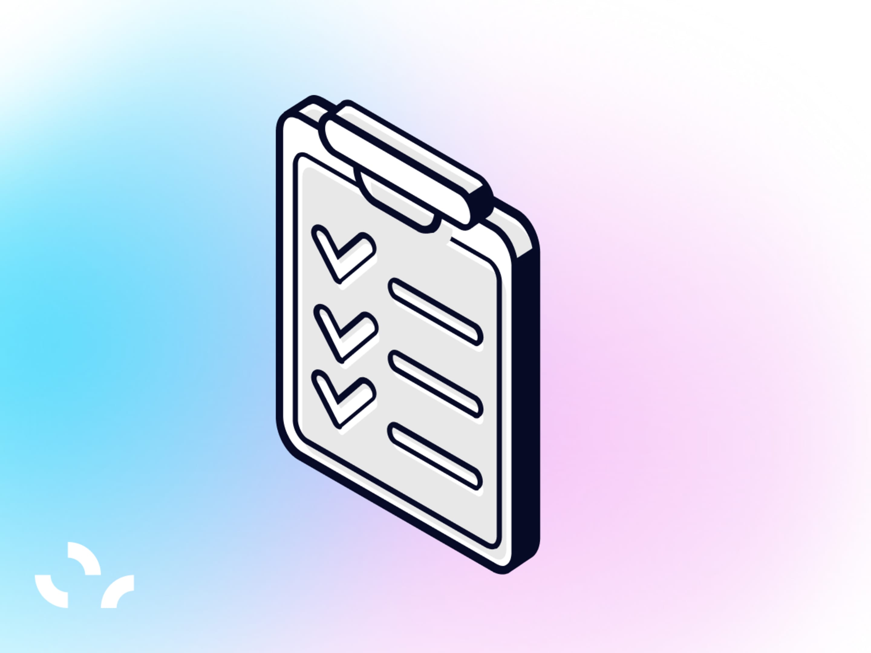 Isometric illustration of a clipboard with a checklist showing three checkmarks and line items on a blue-pink gradient background