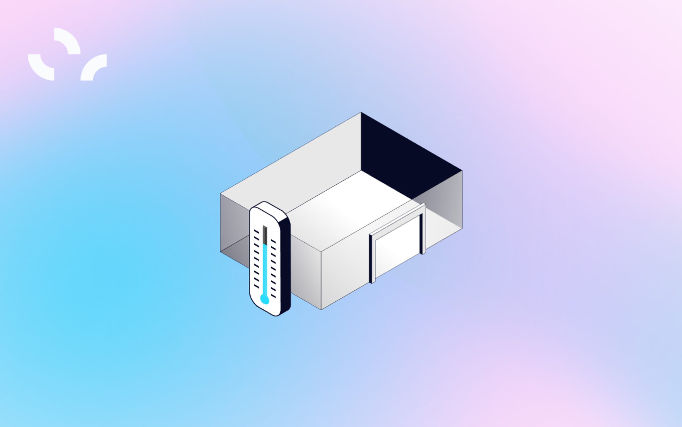 Isometric illustration of a cold room storage unit with a blue thermometer temperature monitor on the side