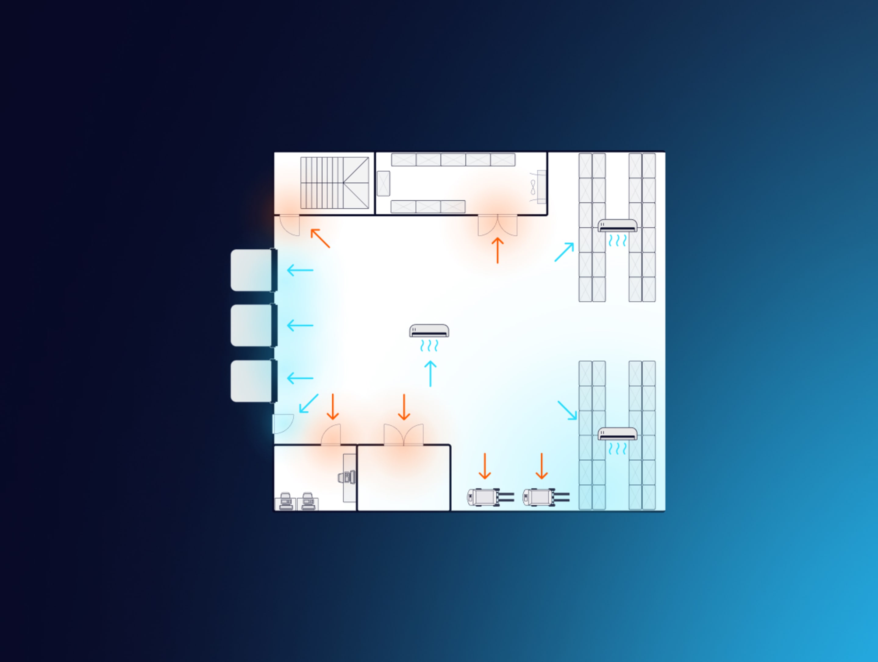 Floor plan diagram showing temperature mapping with blue cool zones and orange warm spots, arrows indicating airflow patterns