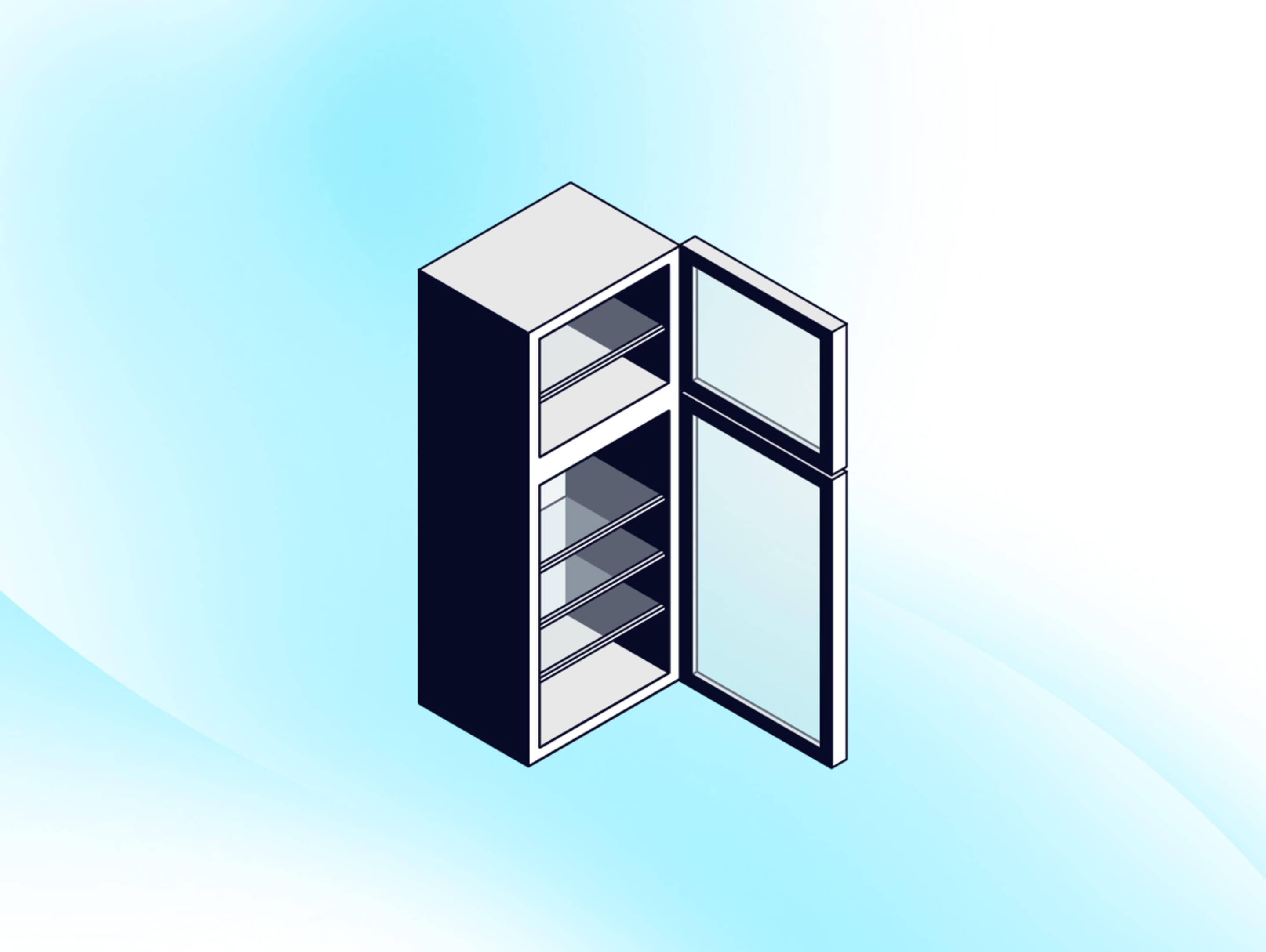 Isometric illustration of an open empty refrigerator with multiple shelves, shown in navy blue and white tones.