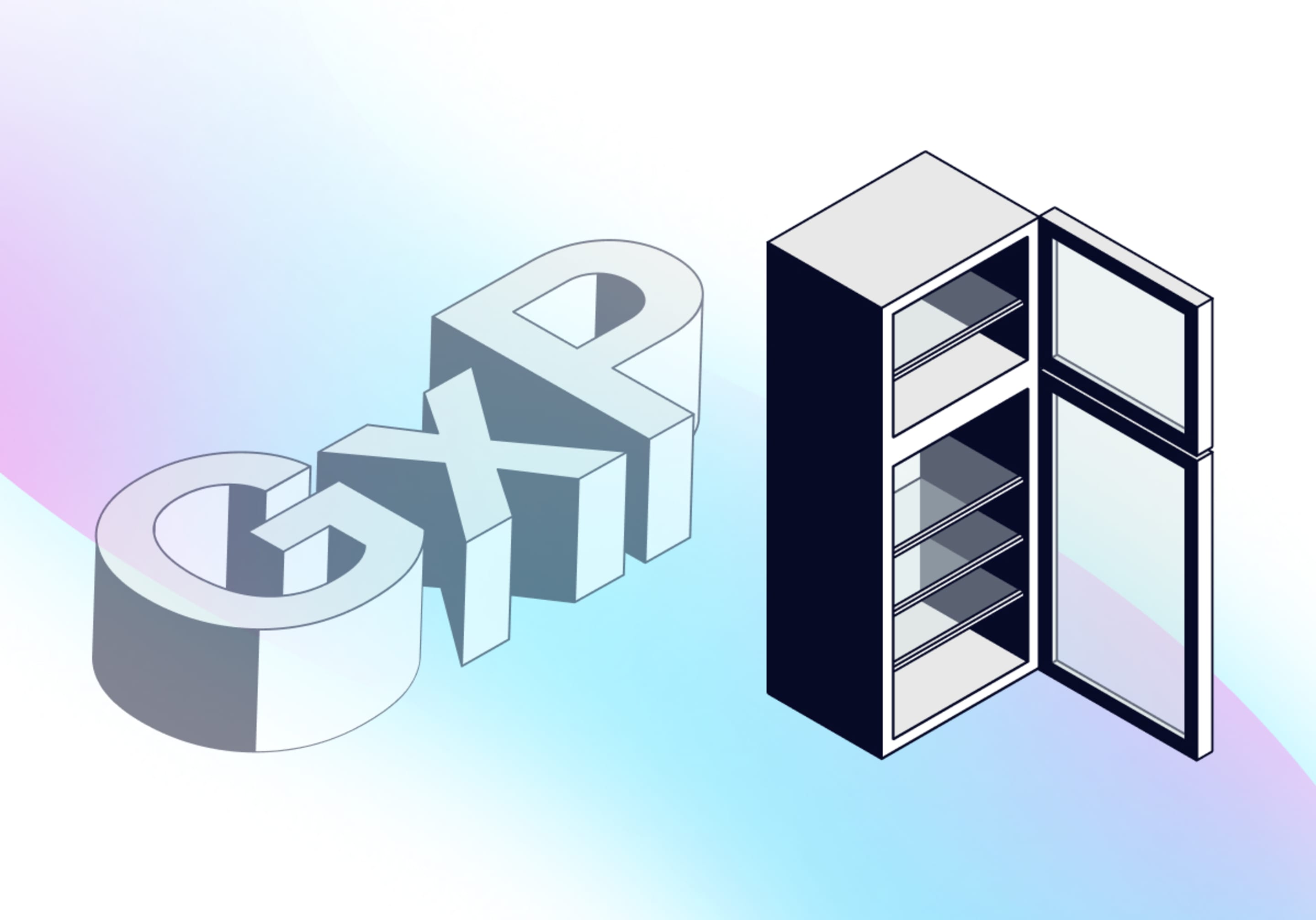 3D isometric illustration of open pharmaceutical fridge with shelves and GXP text logo on gradient background