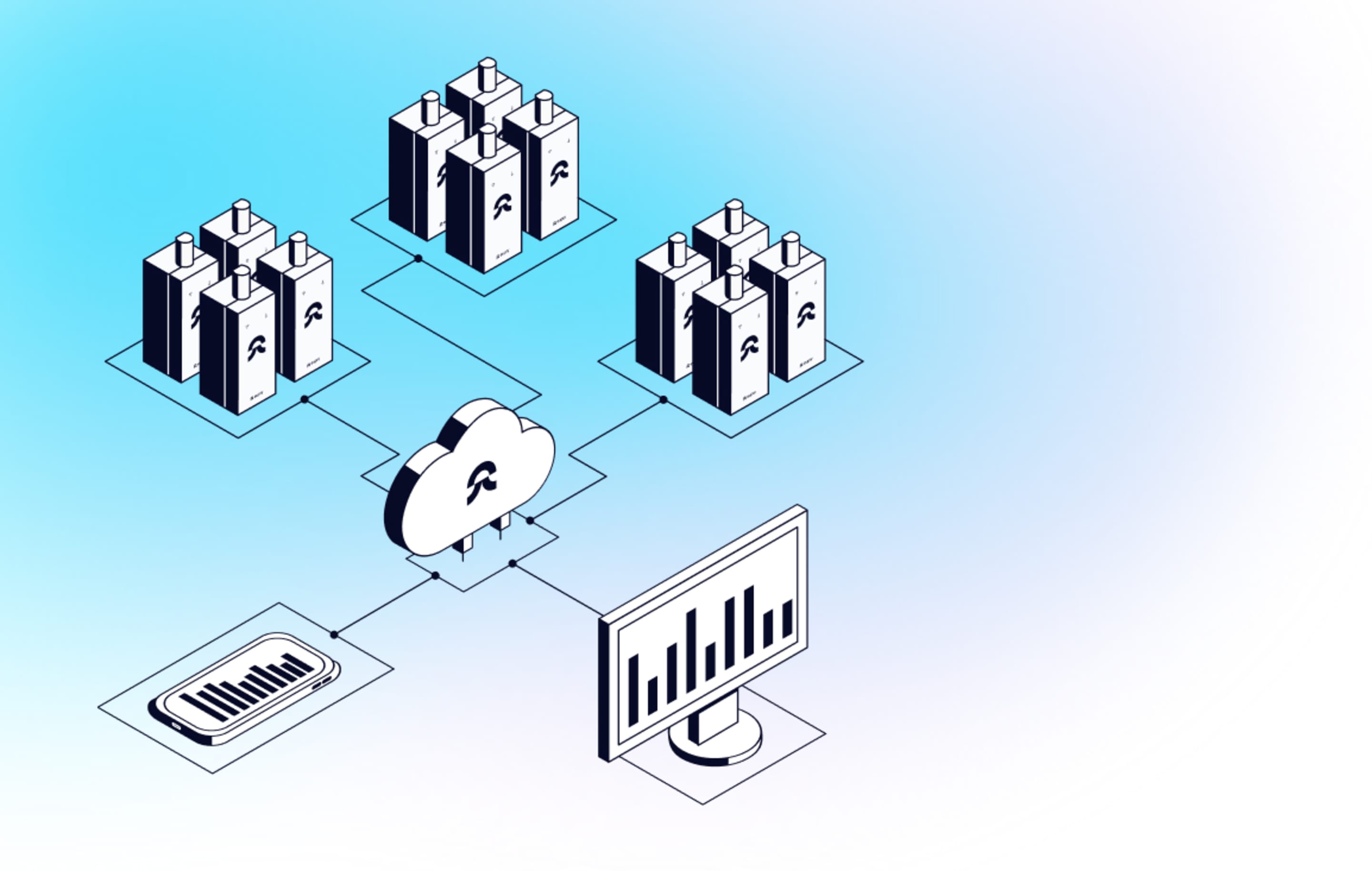 Isometric diagram showing multiple Eupry data loggers connected via cloud to a desktop monitor and mobile device for monitoring