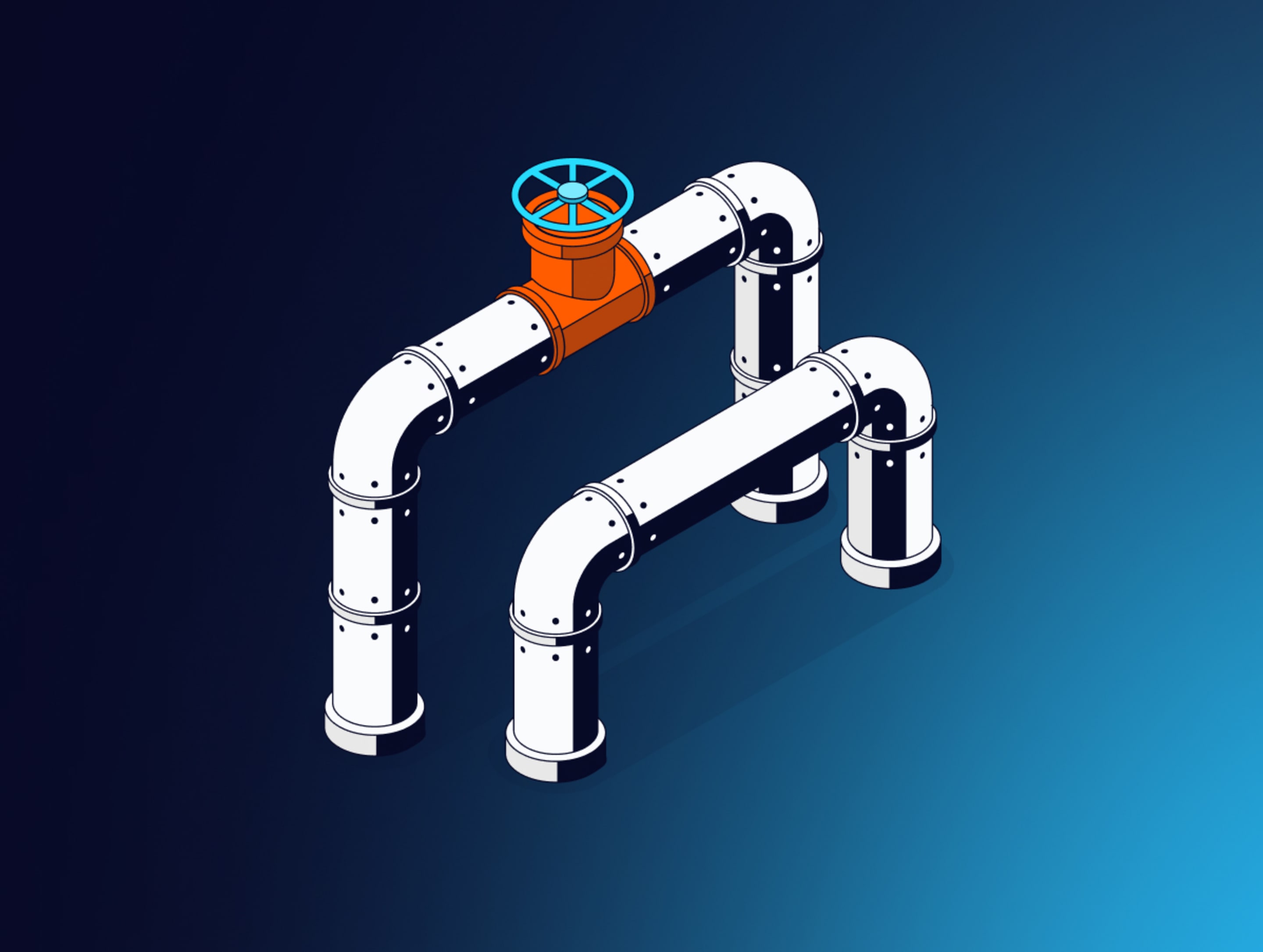 Isometric illustration of white industrial pipes with an orange valve fitting and blue handwheel on dark background