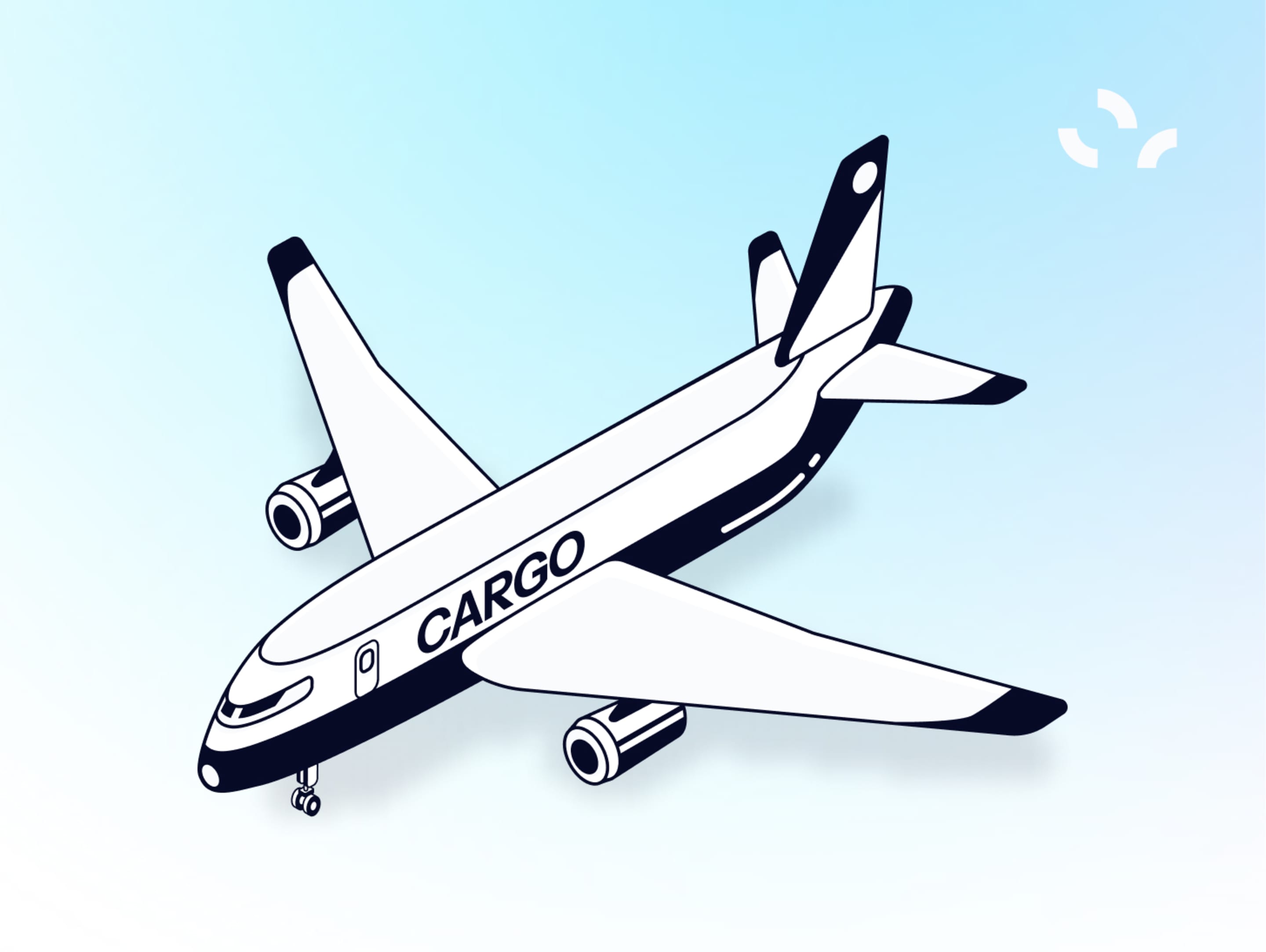 Isometric illustration of a white cargo airplane in flight against a light blue background