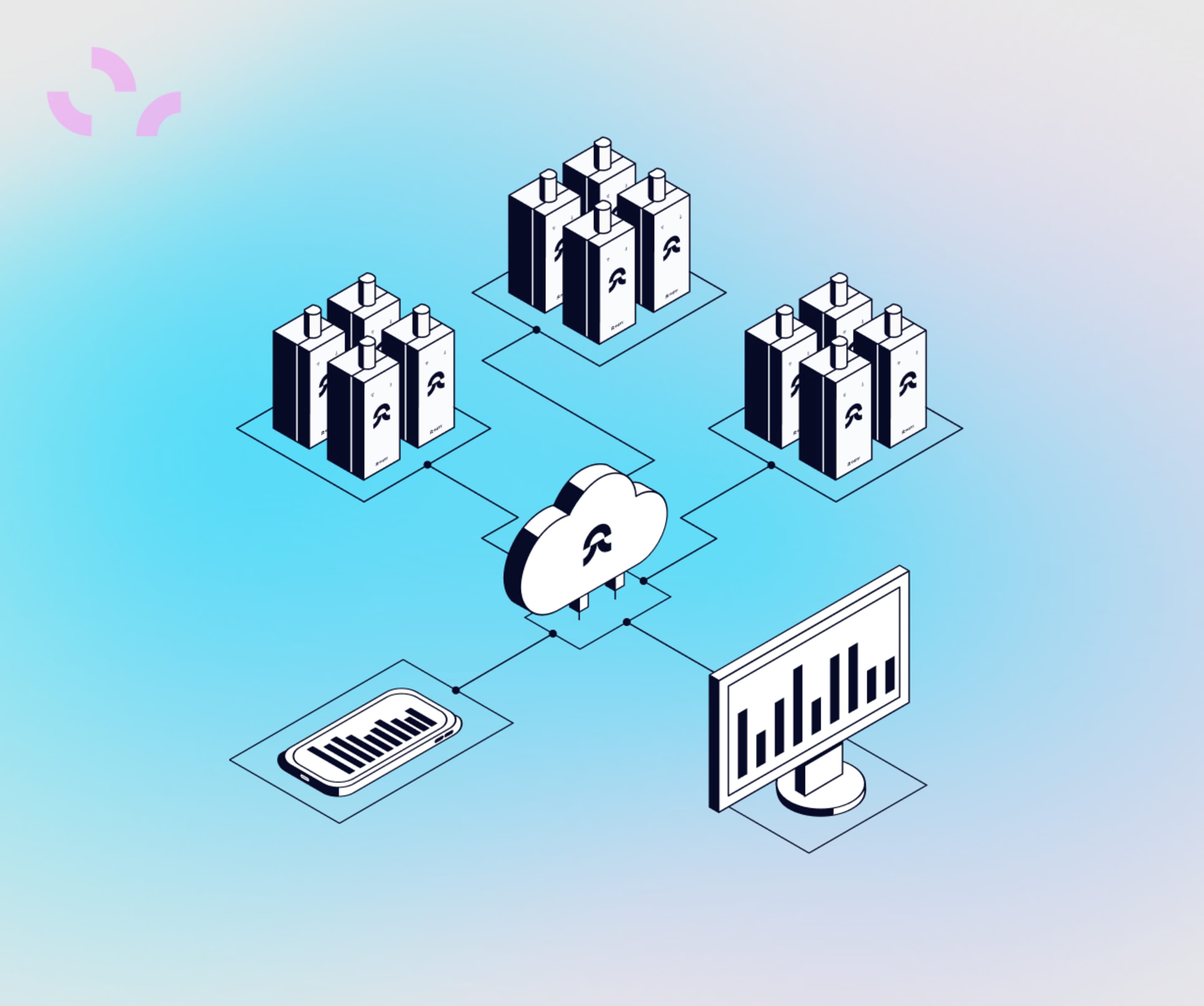 Isometric diagram showing battery units connected via cloud to a monitor and mobile device for remote monitoring