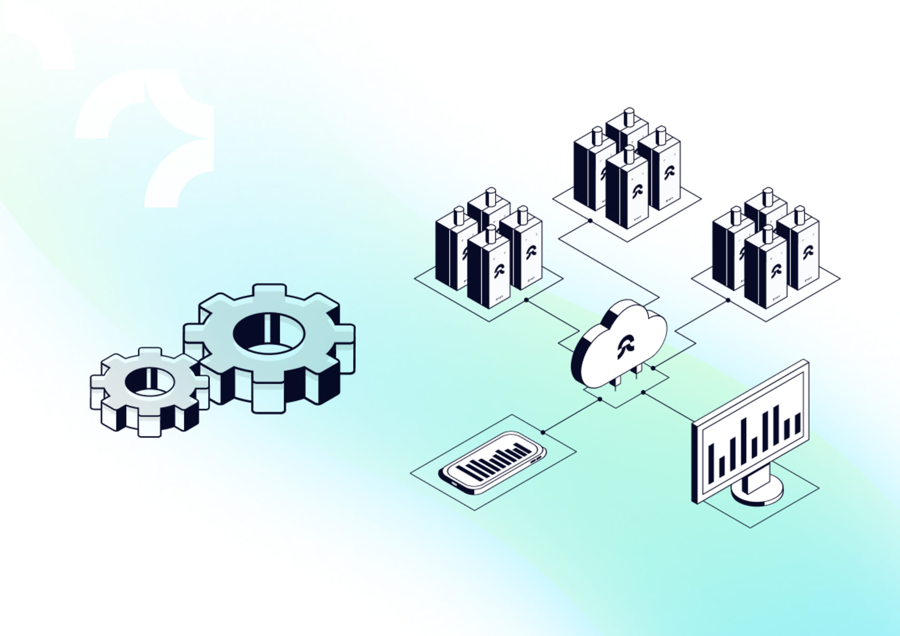 Isometric diagram showing server clusters connected to a cloud, desktop monitor, and mobile device, with gears icon