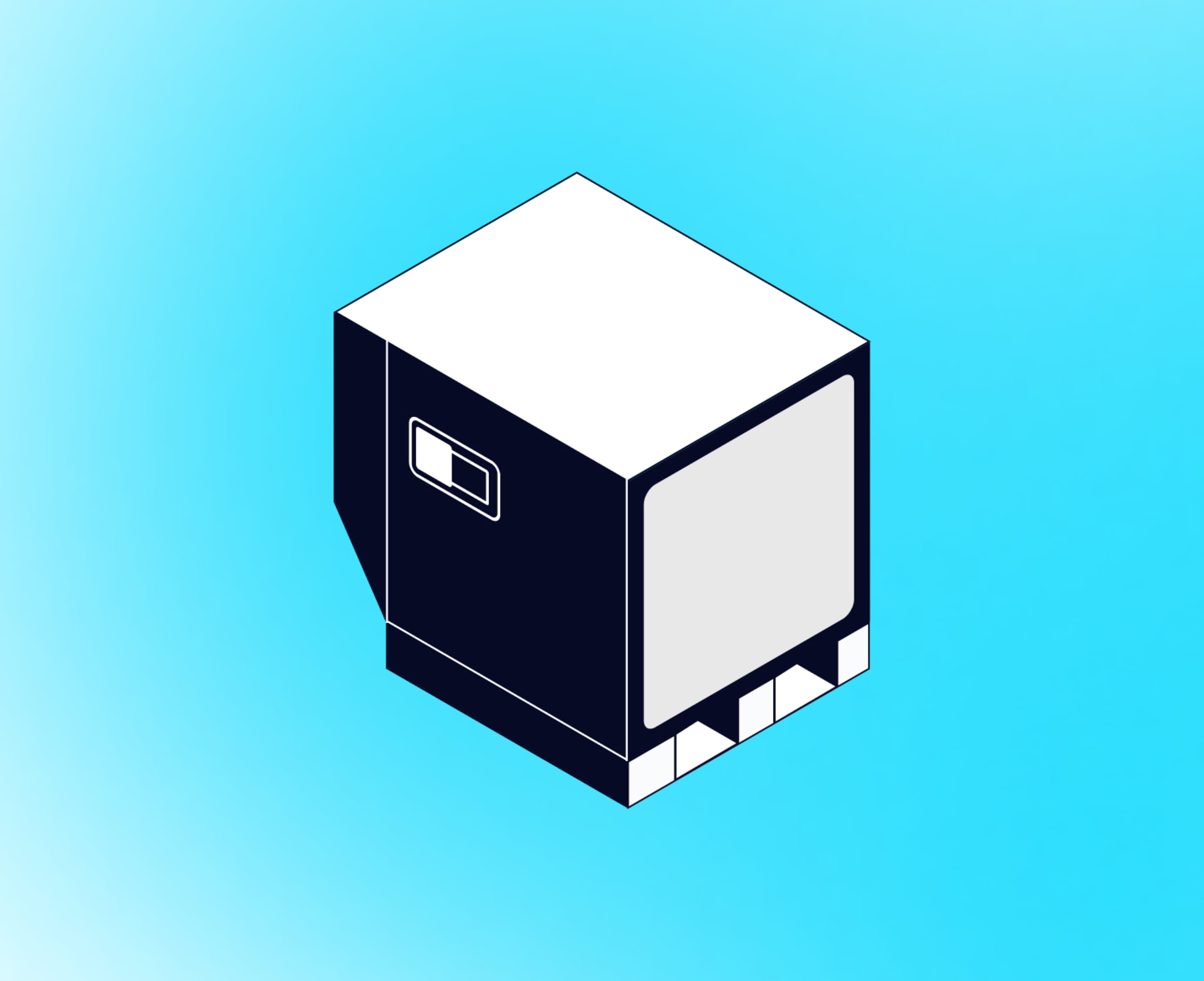 Isometric illustration of a dark navy ULD air cargo container with a latch handle and pallet base