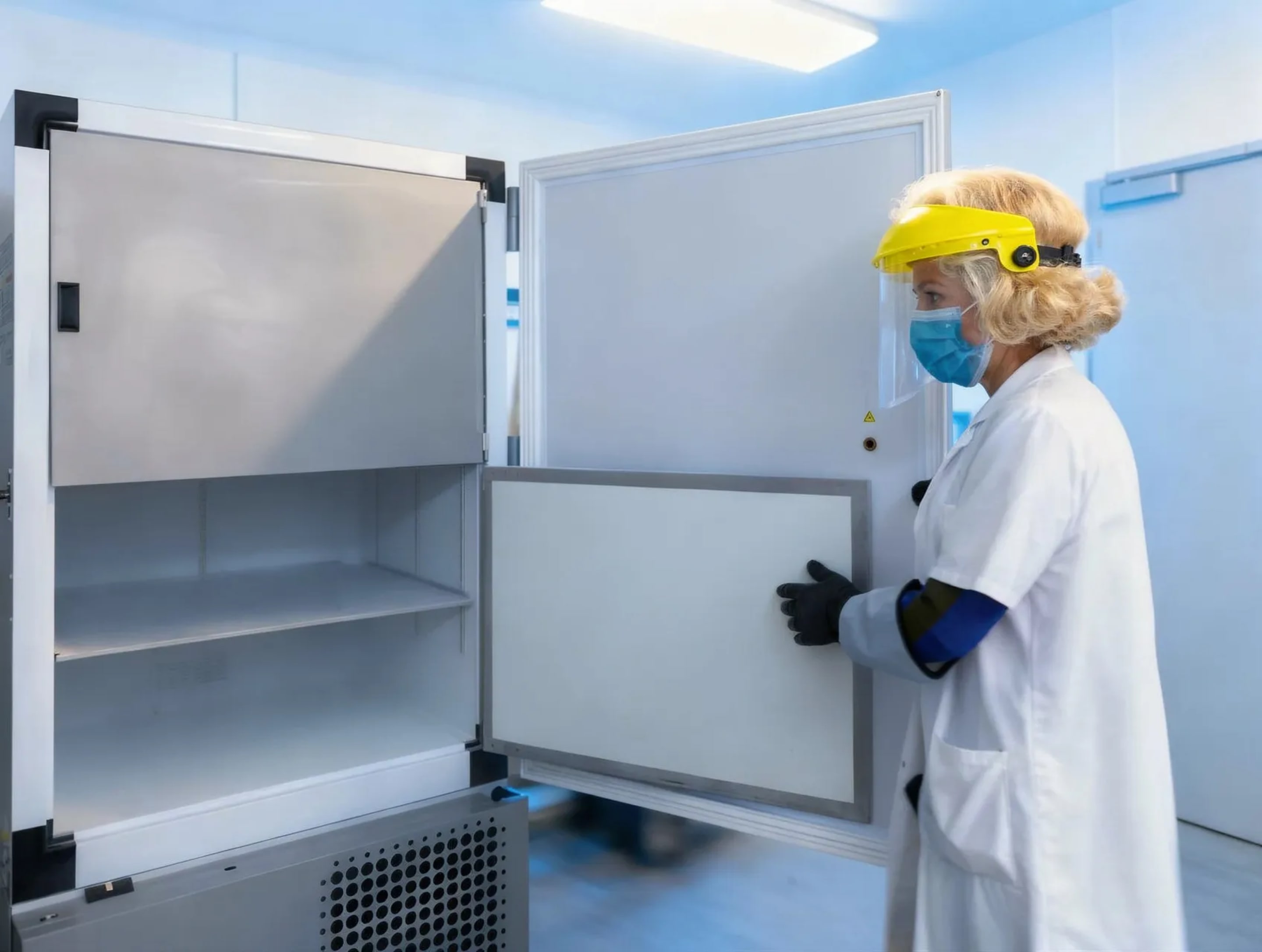 Lab technician in PPE opening an empty ultra-low temperature freezer in a pharmaceutical facility