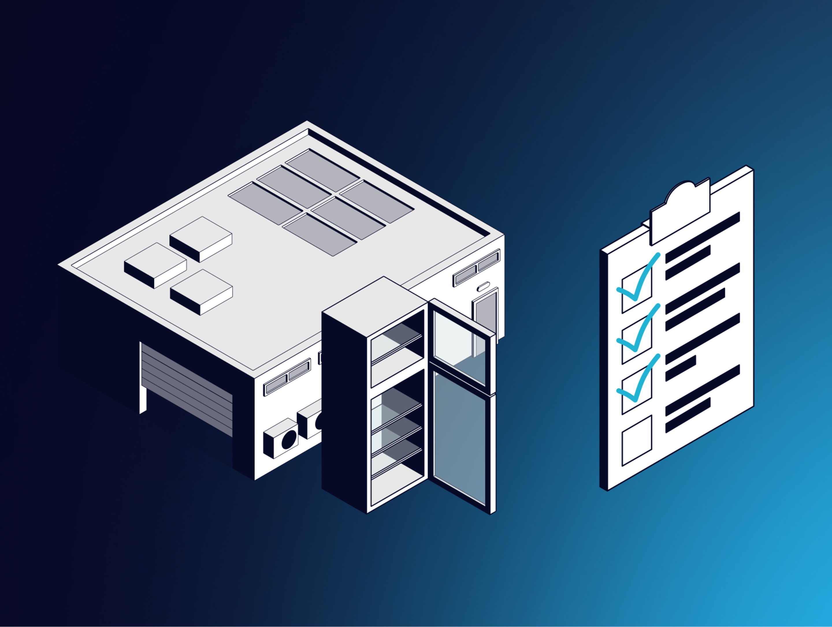 Isometric illustration of a storage unit with open refrigerator and a checklist with blue checkmarks on dark blue background