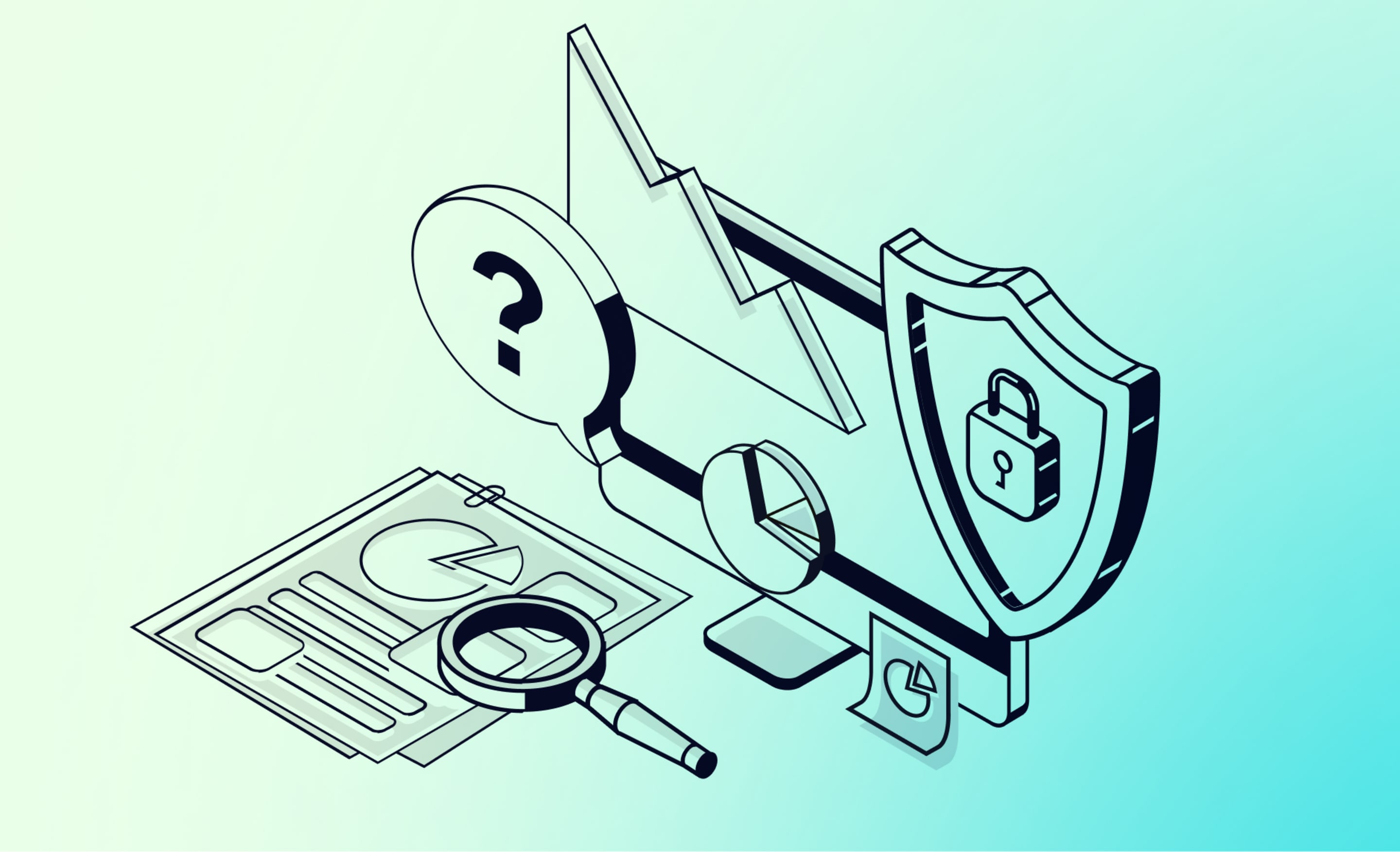 Isometric illustration of a shield with padlock, question mark bubble, line graph, magnifying glass, and analytics documents