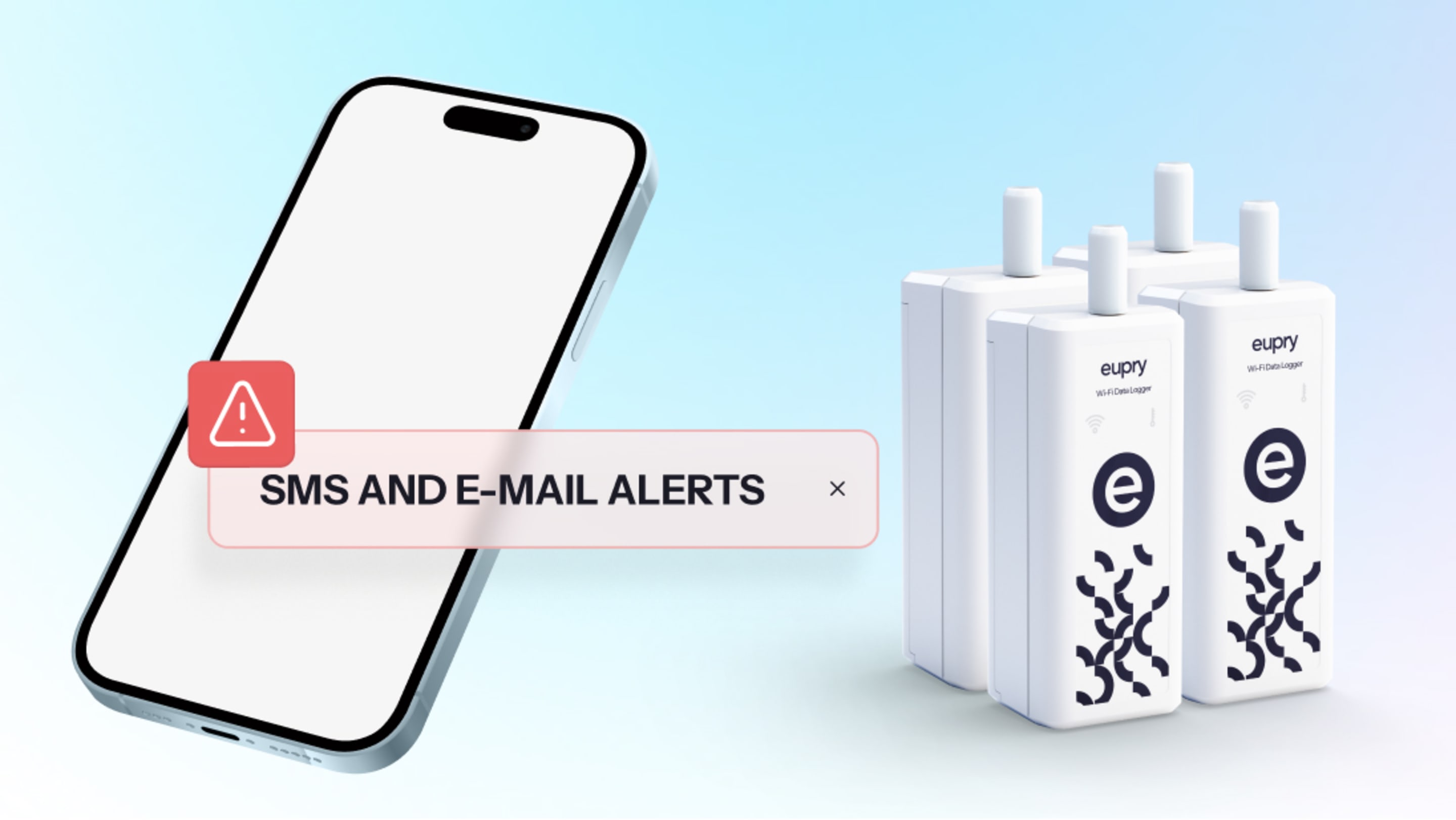 Eupry Wi-Fi data loggers beside a smartphone displaying an SMS and email alert notification.