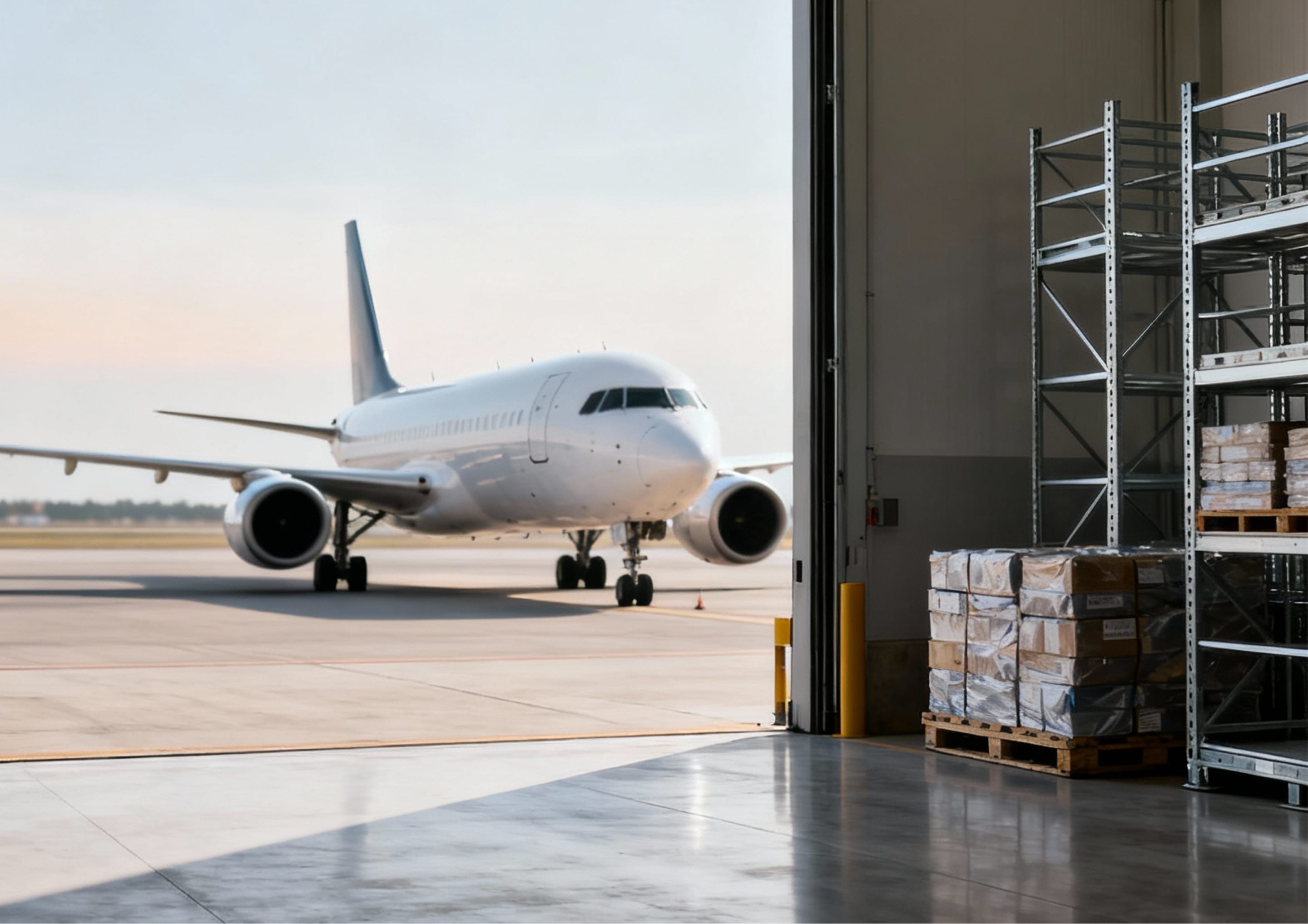 Cargo warehouse door open to airport tarmac with palletized pharmaceutical shipments and a white aircraft nearby.