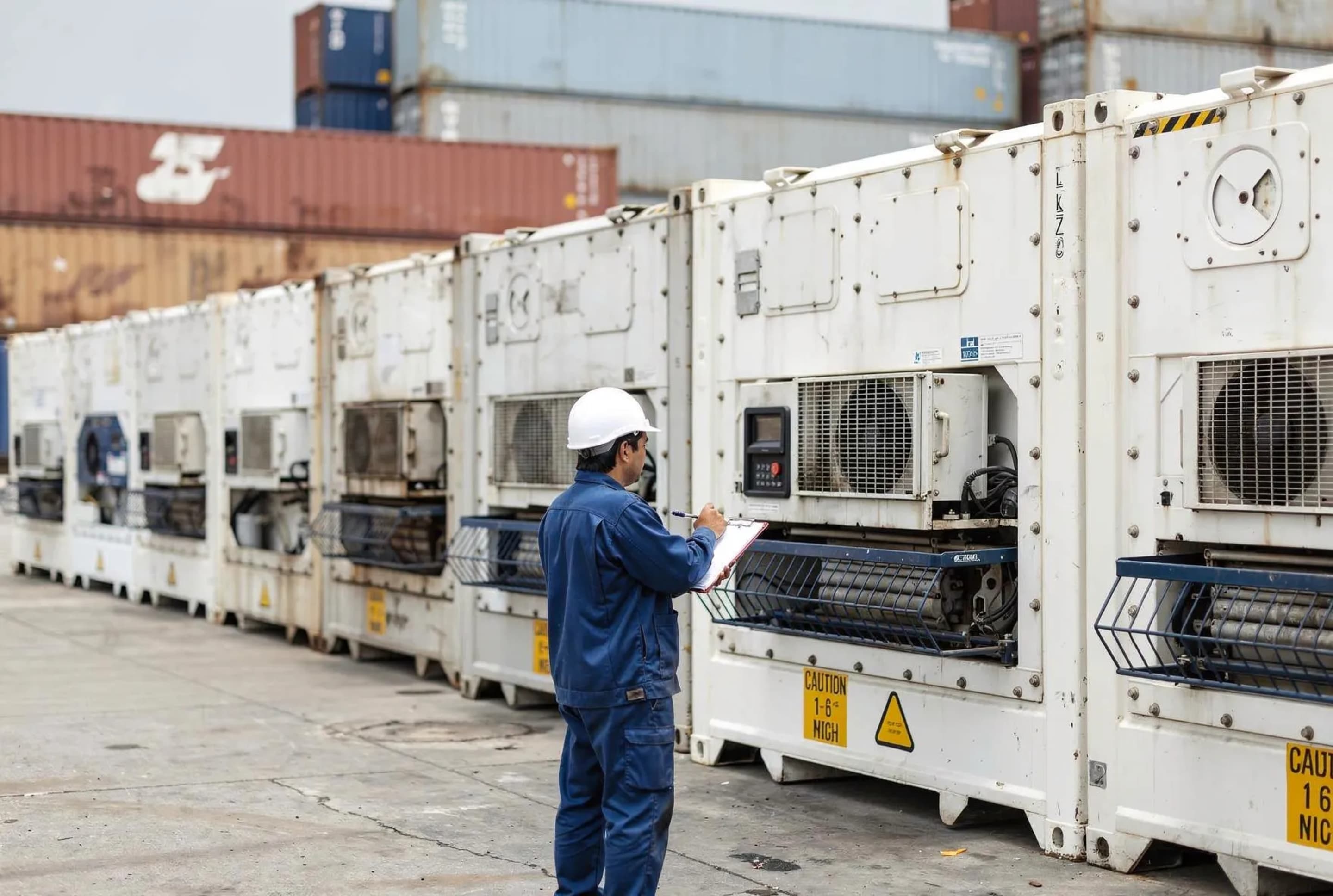Worker in blue coveralls and hard hat inspecting a row of refrigerated shipping containers at a port facility.