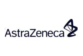 AstraZeneca logo in dark navy blue text with geometric diamond arrow symbol on white background