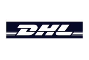 DHL logo in white text on a dark navy blue rectangular background with horizontal speed lines