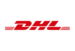DHL logo in bold red lettering with horizontal speed lines on white background