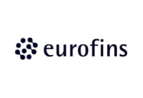 Eurofins company logo with dark navy text and molecular dot cluster icon on white background
