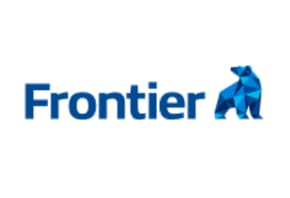Frontier company logo with blue text and geometric polar bear icon