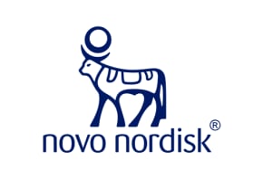Novo Nordisk logo featuring a dark blue bull with a circular emblem and company name in bold blue text