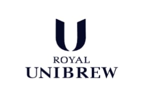 Royal Unibrew logo featuring a dark navy stylized U lettermark above the text ROYAL UNIBREW
