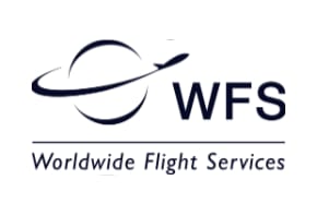 WFS Worldwide Flight Services logo with dark navy airplane orbiting a globe graphic