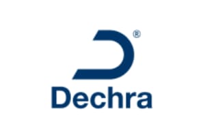 Dechra pharmaceutical company logo featuring a bold dark blue stylized letter D and company name in navy text