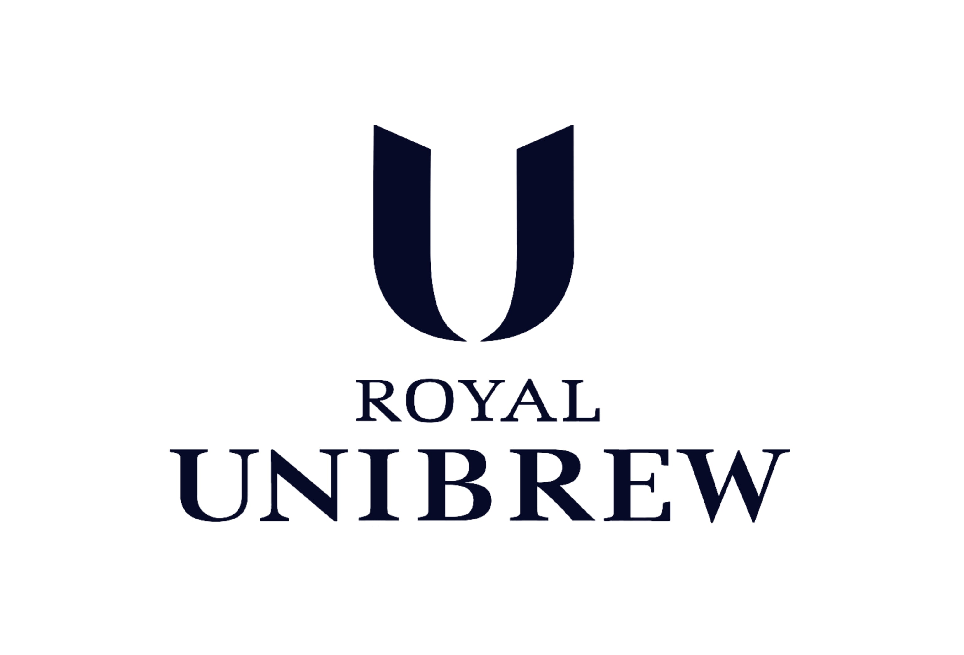 Royal Unibrew logo featuring a dark navy stylized U lettermark above the text ROYAL UNIBREW
