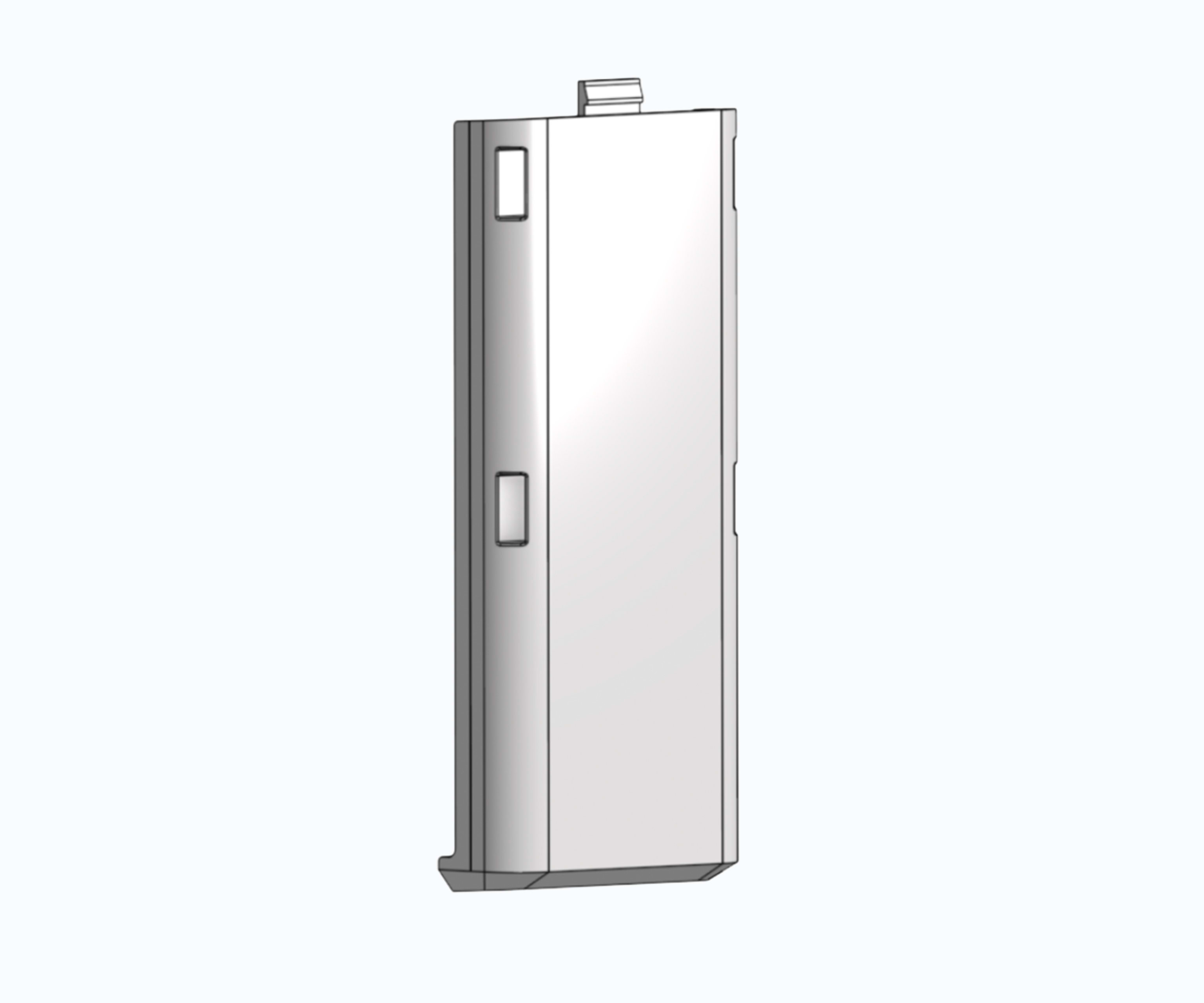3D rendering of a slim rectangular battery pack with terminal connector on top and two side buttons