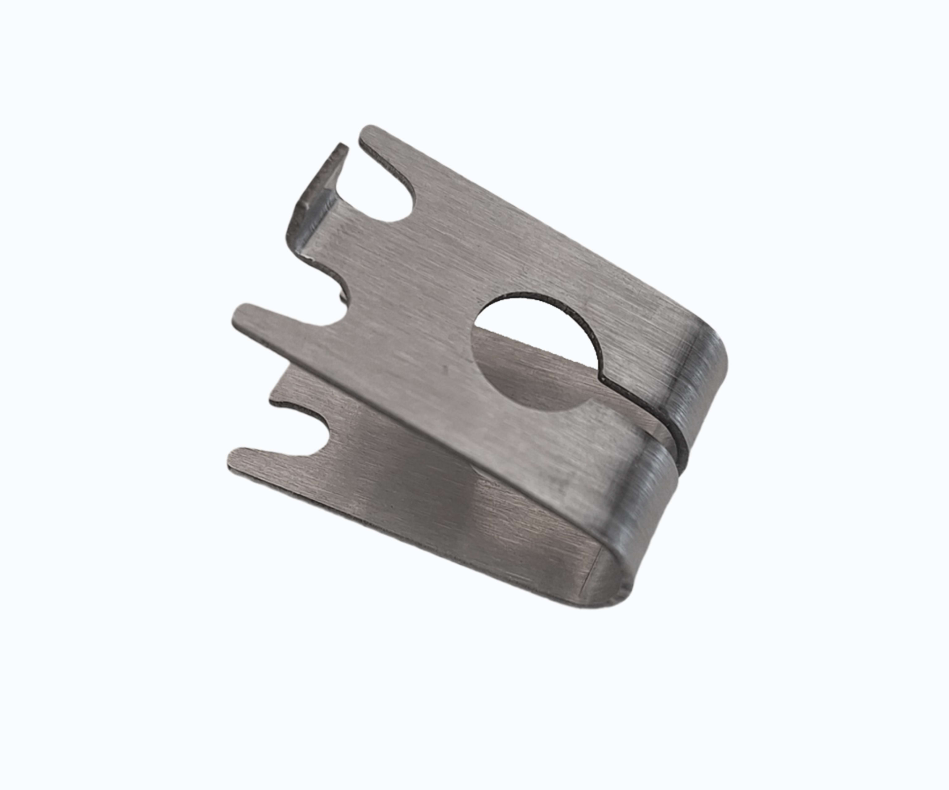 Stainless steel mounting clip bracket with cutouts, used for sensor installation in temperature monitoring systems
