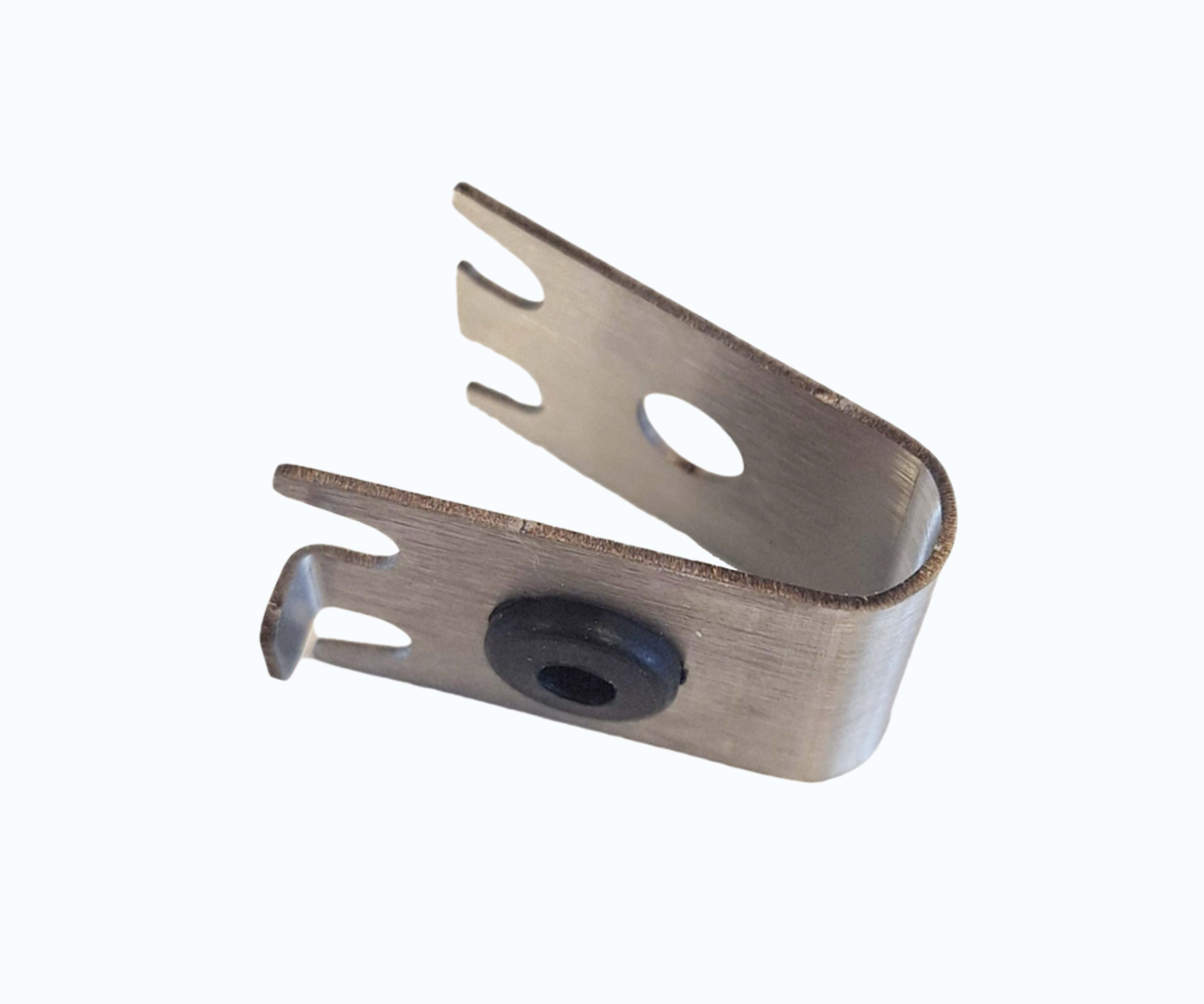 Stainless steel mounting clip with rubber grommet and slotted tabs for sensor installation