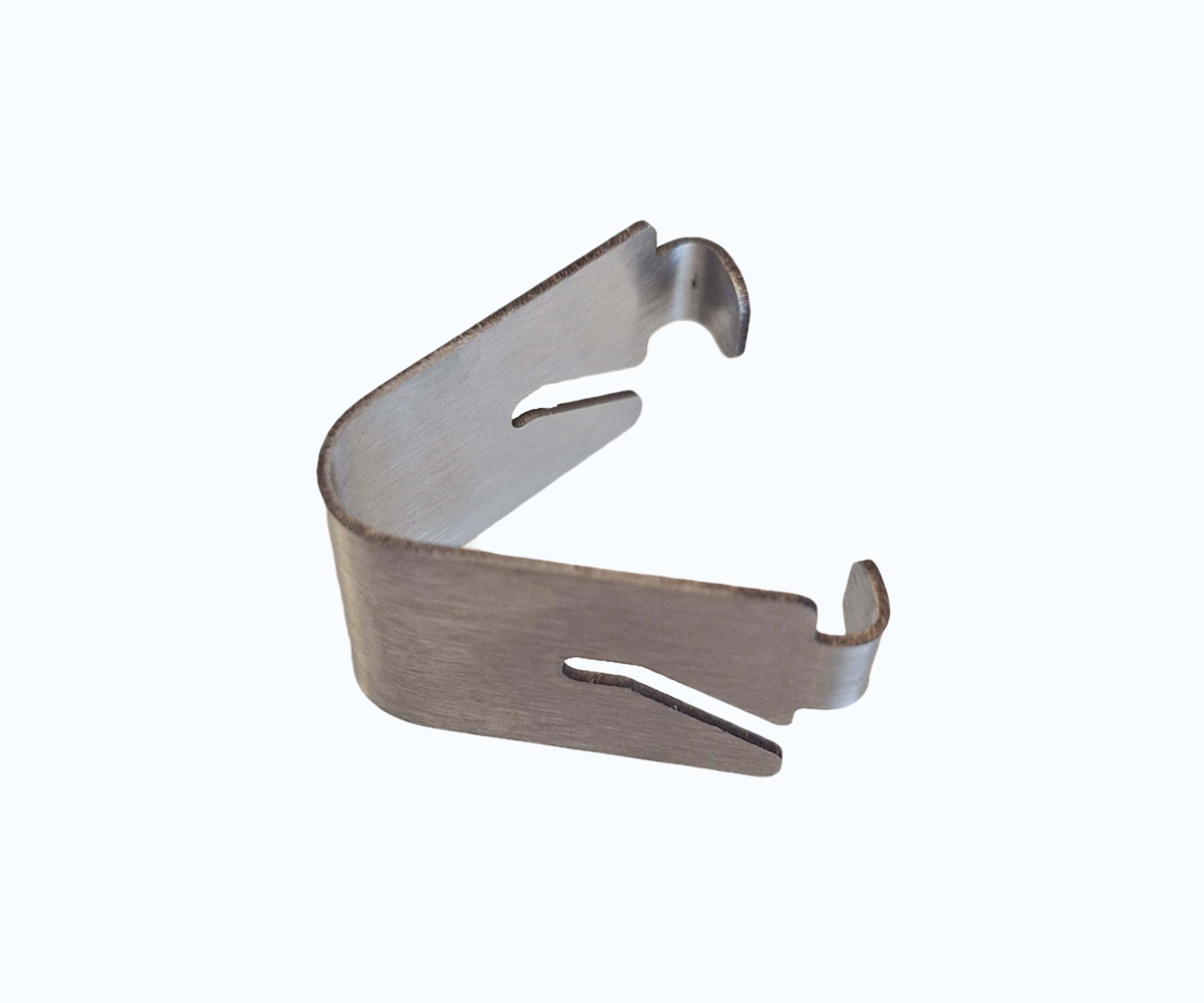 Stainless steel spring clip bracket with dual slots and hooked edges for sensor mounting