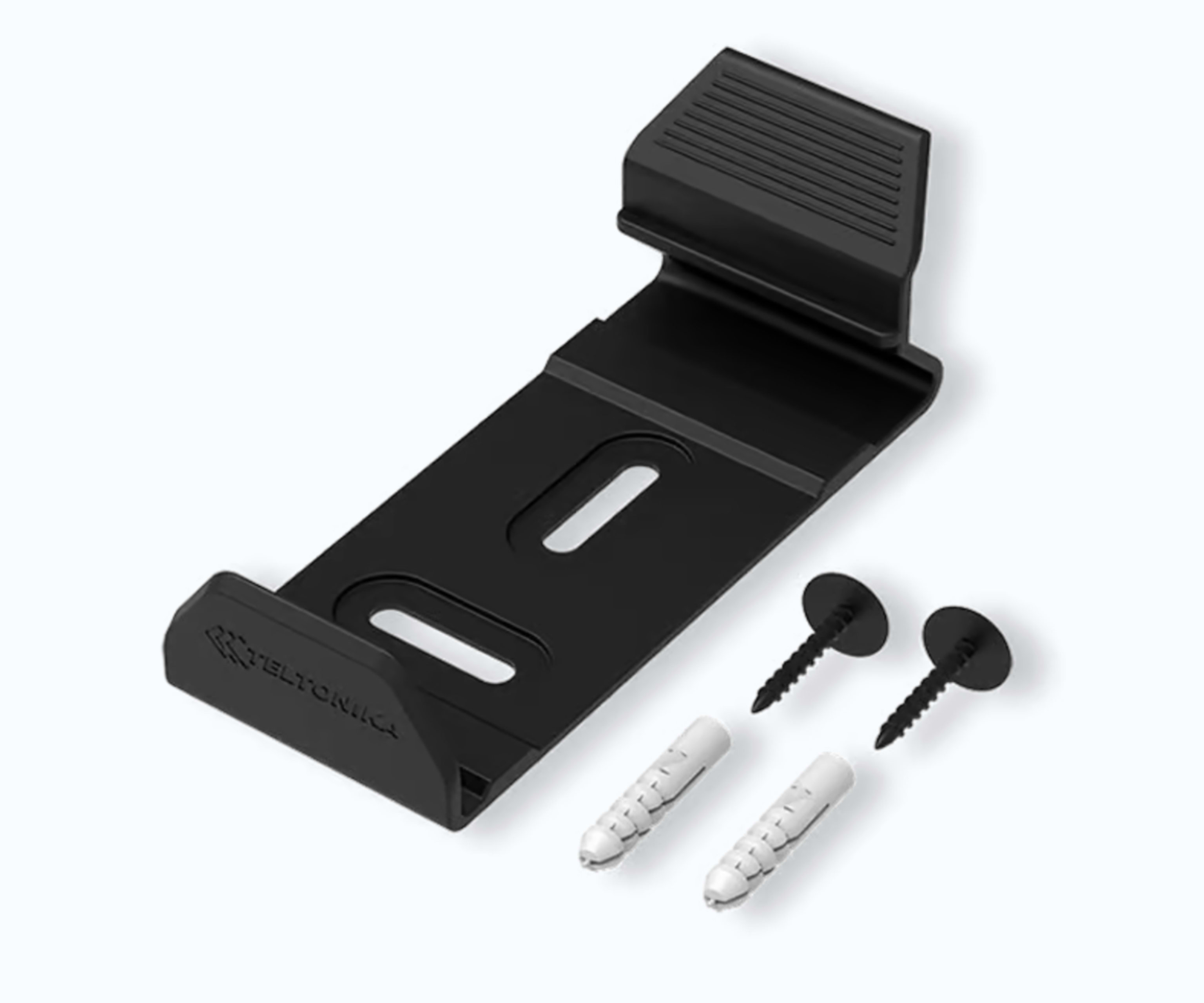 Teltonika black wall mounting bracket with two screws and two white wall anchors
