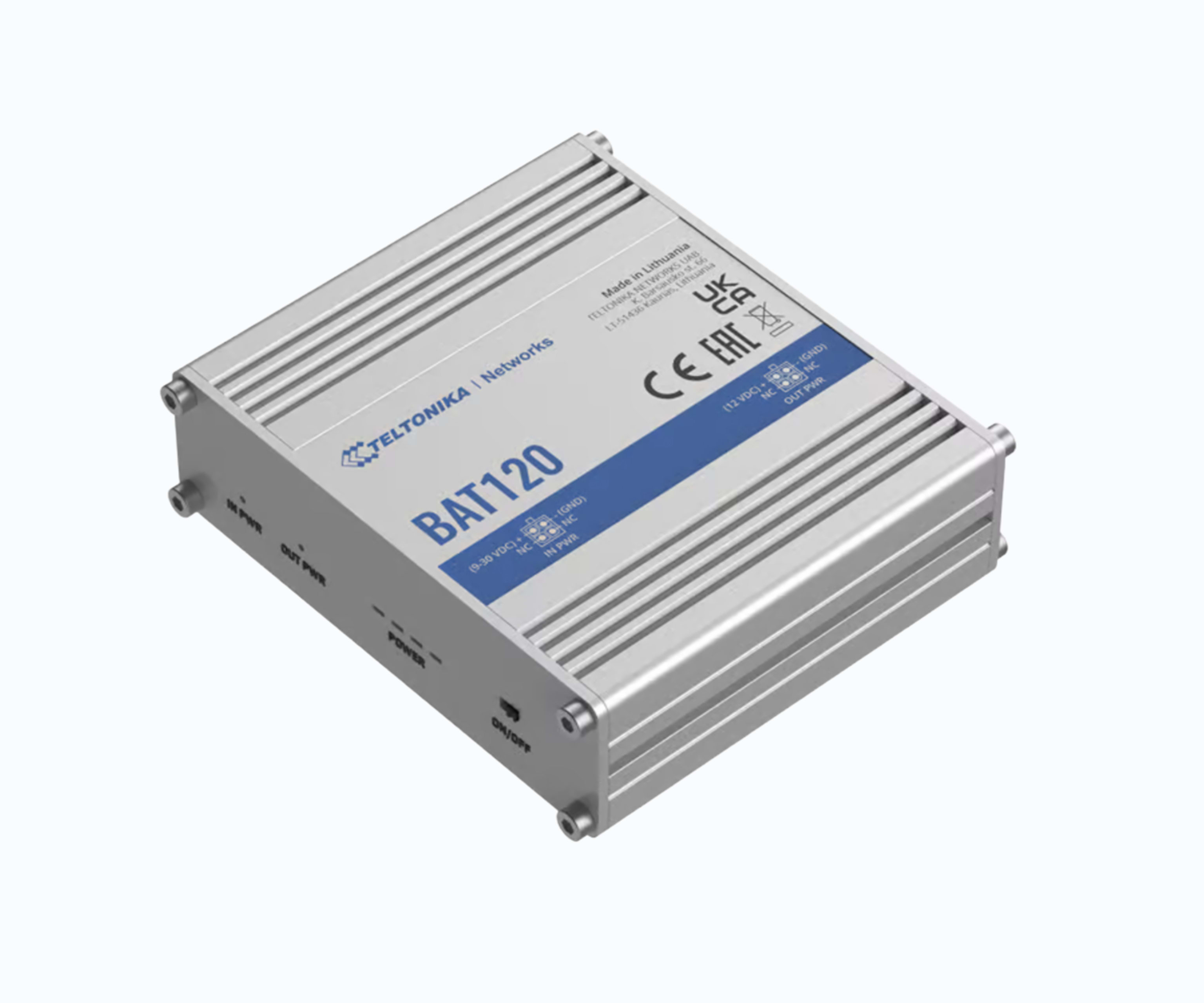 Teltonika BAT120 silver aluminum industrial backup battery unit with blue label and connector ports