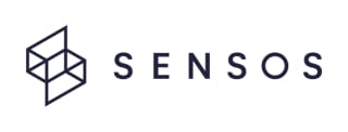 Sensos company logo featuring a geometric cube icon and the wordmark SENSOS in dark navy text
