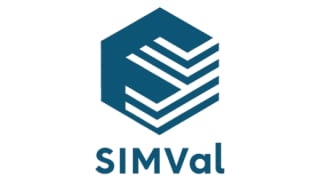 SIMVal logo featuring a teal hexagon with layered white lines forming an S shape, and bold teal text below